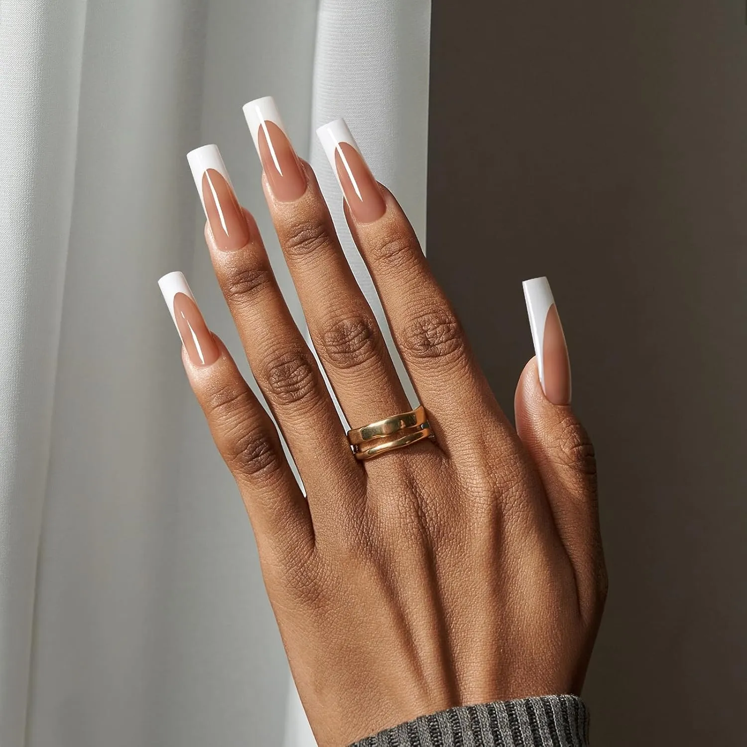 BTArtboxnails XCOATTIPS French Tip Nails - Extra Long Press On Nails, 160 Pcs Brown Soft Gel Nail Tips Square Pre-applied Tip Primer & Base Coat, No Need File False Nails for Home DIY, 16 Sizes