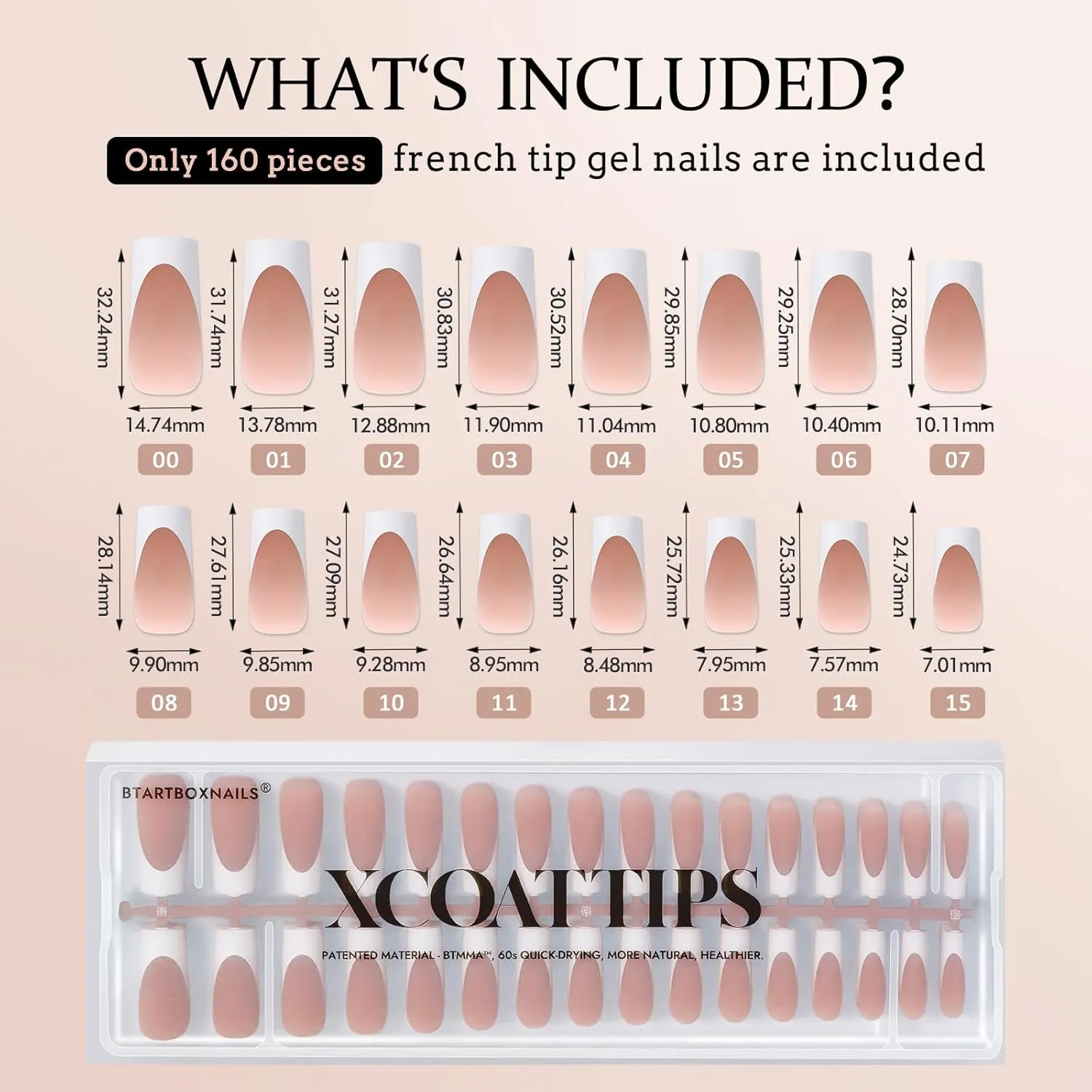 BTArtboxnails XCOATTIPS French Tip Nails - Extra Long Press On Nails, 160 Pcs Brown Soft Gel Nail Tips Square Pre-applied Tip Primer & Base Coat, No Need File False Nails for Home DIY, 16 Sizes
