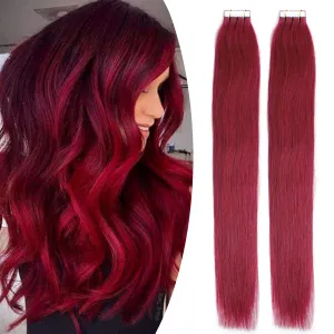 Burgundy Hair Extensions Tape in Human Hair 24 Inch Double Sided Adhesive Tape-on Skin Wefts Remy Hair Extensions Colorful Burgundy Red Invisible Seamless Tape-ins Thick Hair 20Pcs 70g