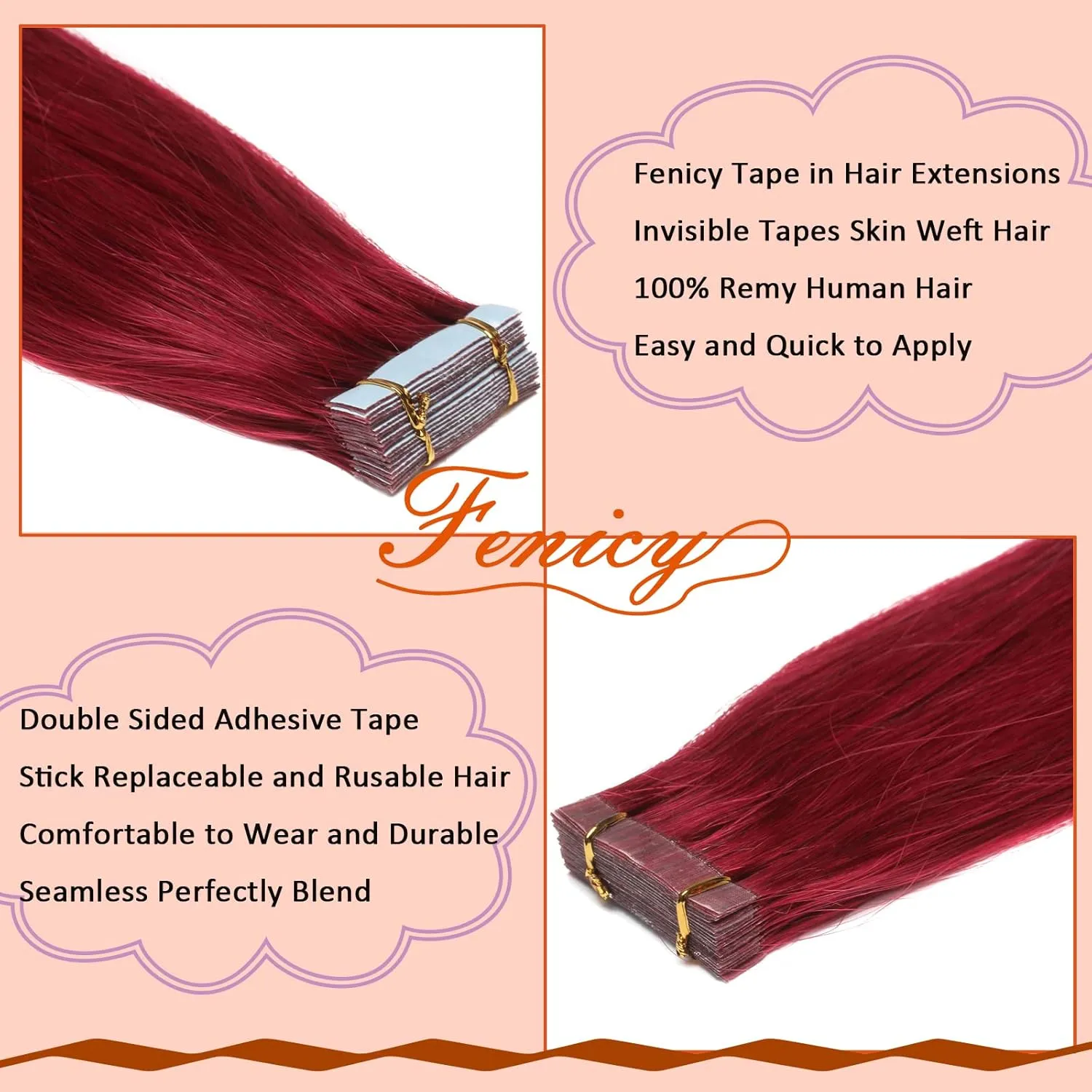Burgundy Hair Extensions Tape in Human Hair 24 Inch Double Sided Adhesive Tape-on Skin Wefts Remy Hair Extensions Colorful Burgundy Red Invisible Seamless Tape-ins Thick Hair 20Pcs 70g