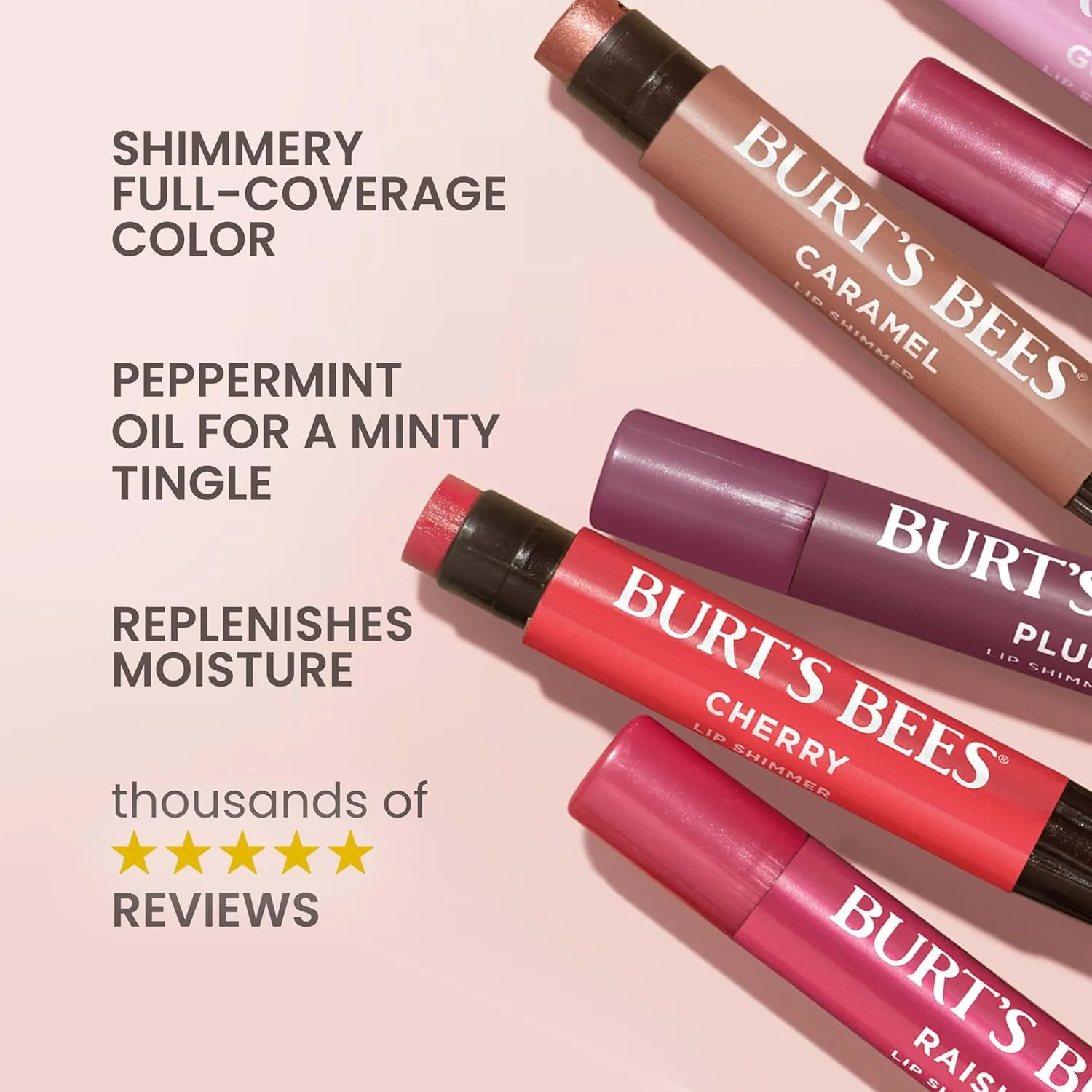 Burt's Bees Lip Shimmer Pink Collection, Mothers Day Gifts, Tinted Lip Balm Stick, Moisturizing for All Day Hydration with Natural Glowy Pigmented Finish & Buildable Color, 3 Tubes x 0.09 Oz