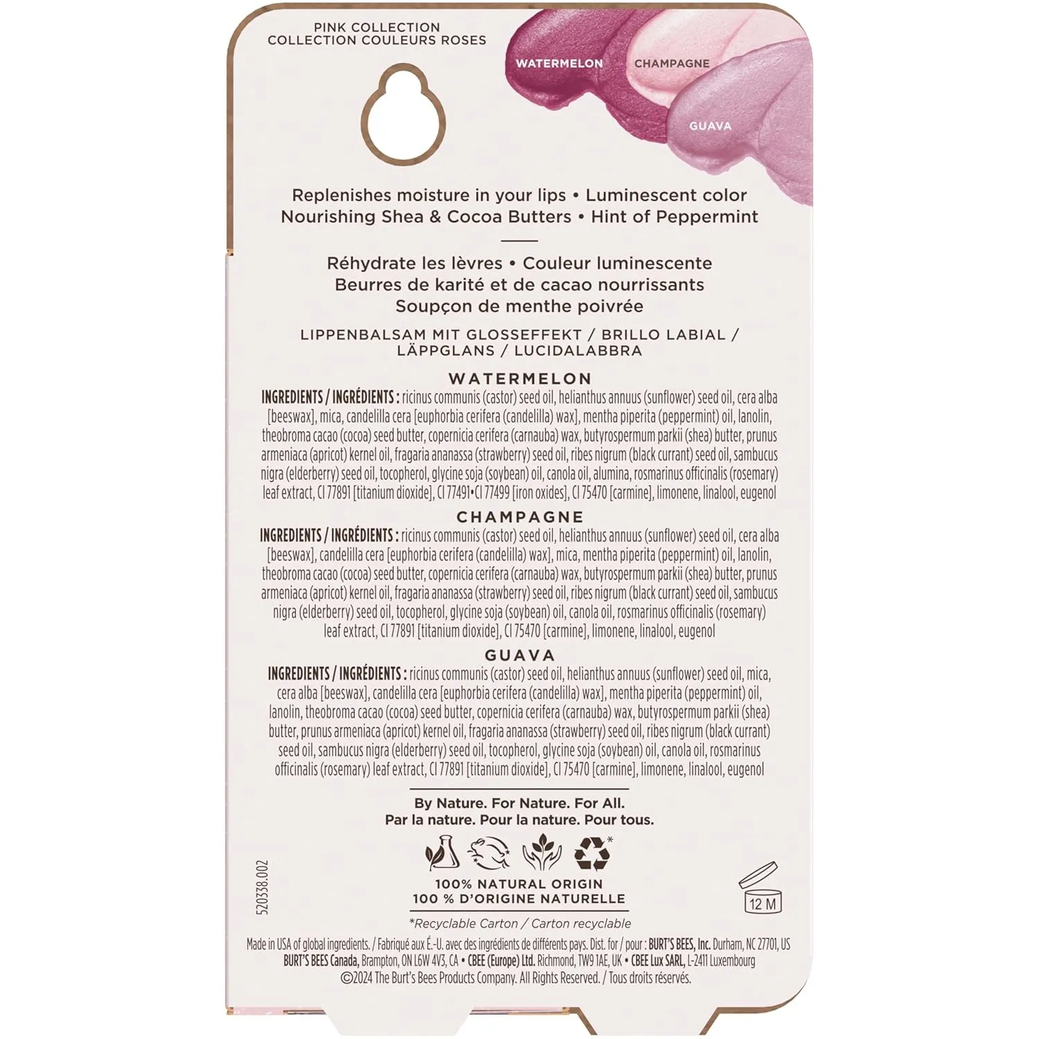 Burt's Bees Lip Shimmer Pink Collection, Mothers Day Gifts, Tinted Lip Balm Stick, Moisturizing for All Day Hydration with Natural Glowy Pigmented Finish & Buildable Color, 3 Tubes x 0.09 Oz