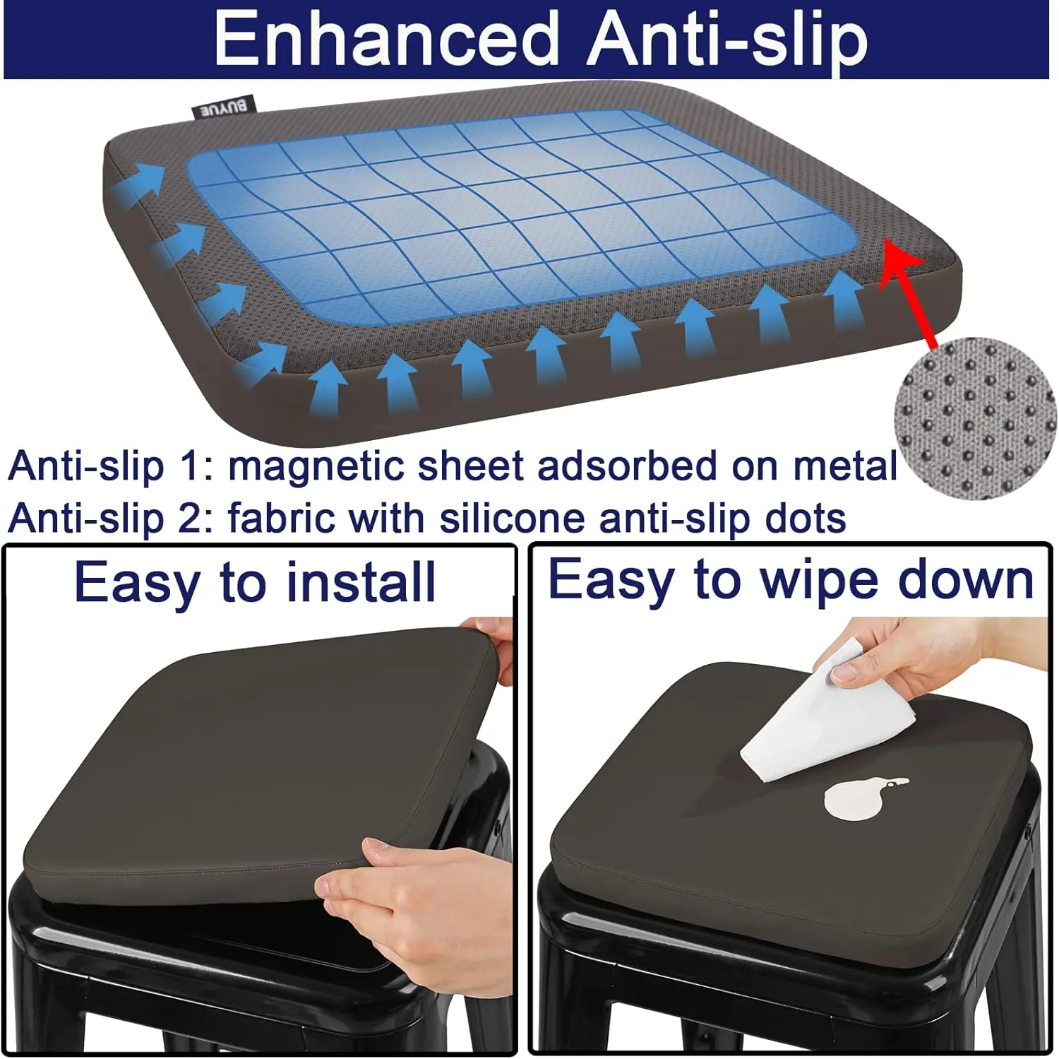 BUYUE Enhanced Anti-Slip Magnetic Bar Stool Cushion 1 Piece, Luxury PU Leather Waterproof Small Seat Cushion for Café Bistro Stackable Metal Stool (Square, Brown, 1)