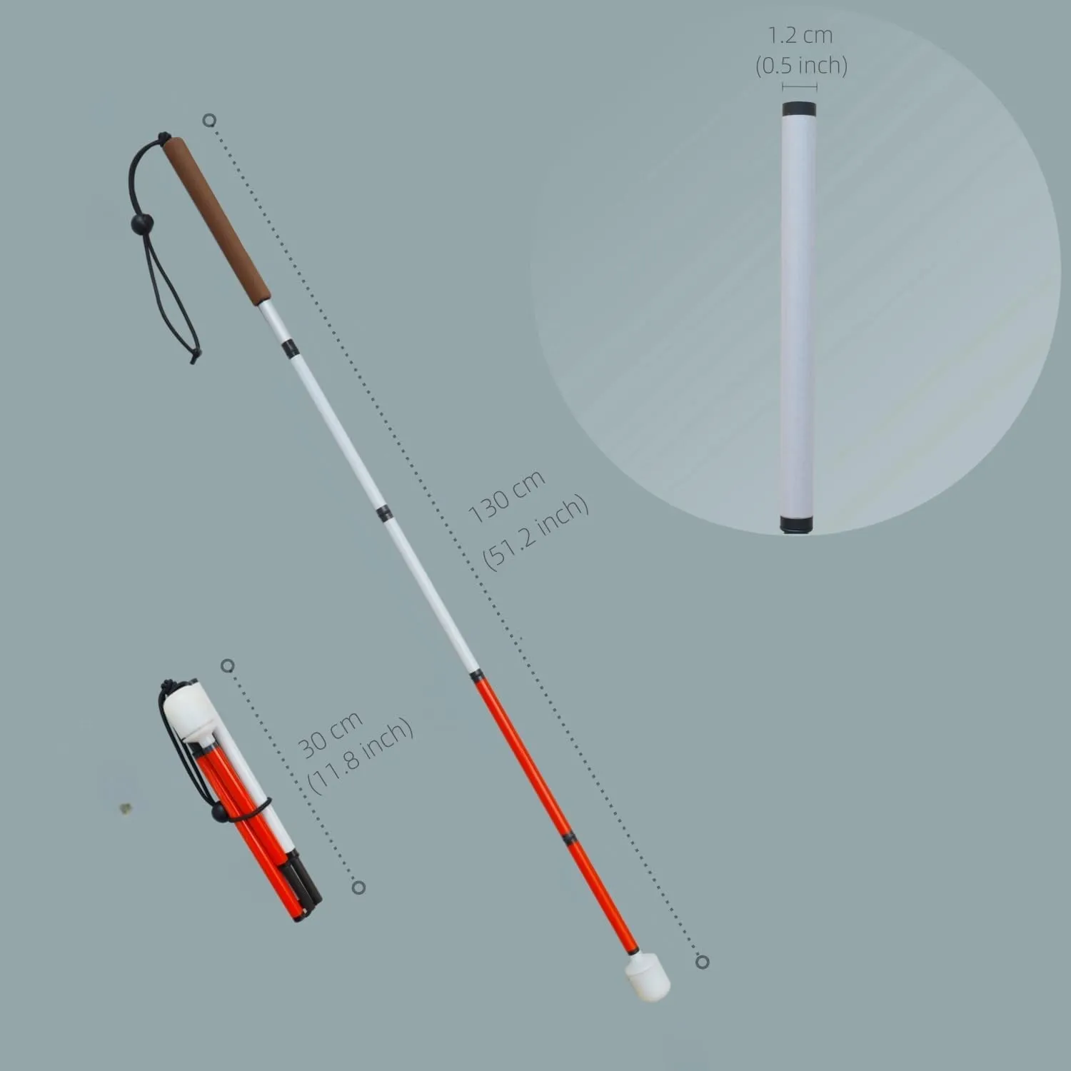 Carbon Fiber Folding Blind Walking Stick with Rolling Tip (One Extra Tip Included) - White Cane for Visually Impaired and Low Vision (Folds Down 5 Sections) (Brown Handle, 51.2 inch (130 cm))