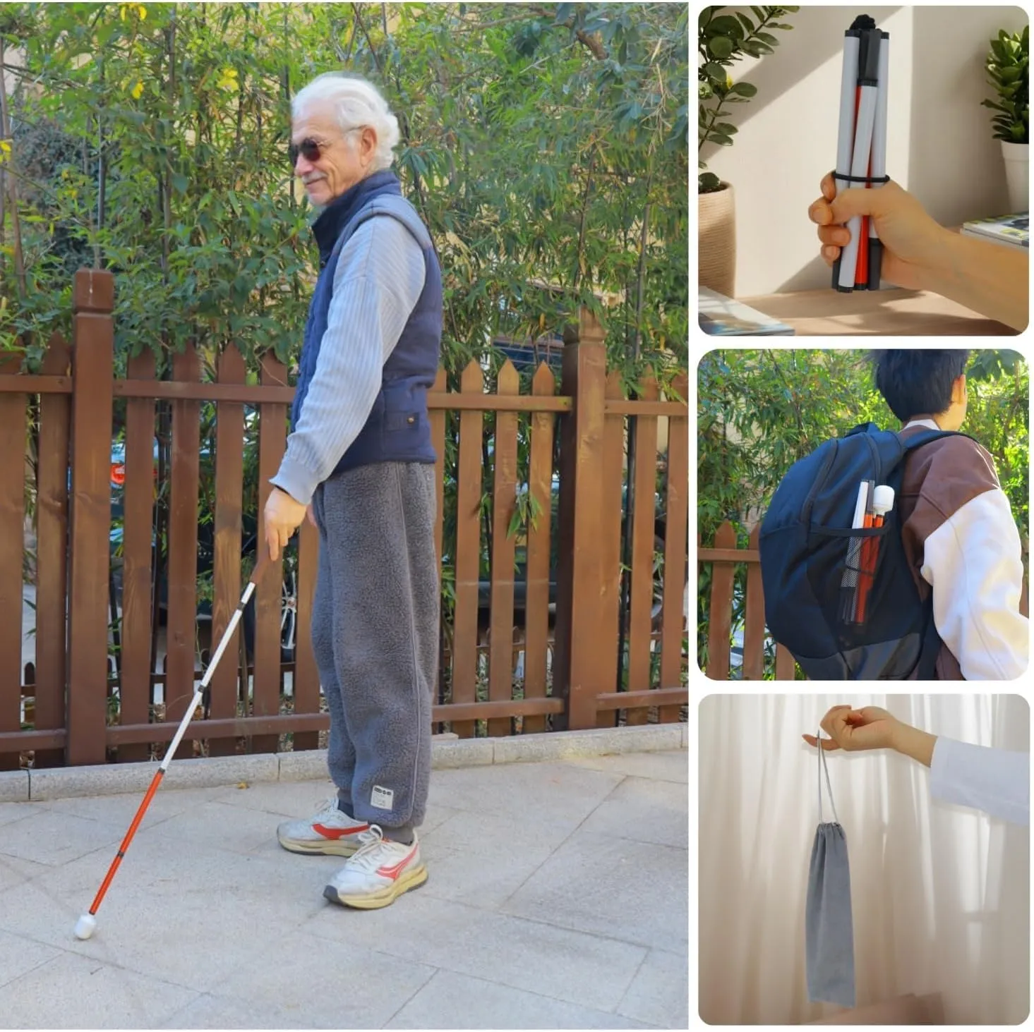 Carbon Fiber Folding Blind Walking Stick with Rolling Tip (One Extra Tip Included) - White Cane for Visually Impaired and Low Vision (Folds Down 5 Sections) (Brown Handle, 51.2 inch (130 cm))