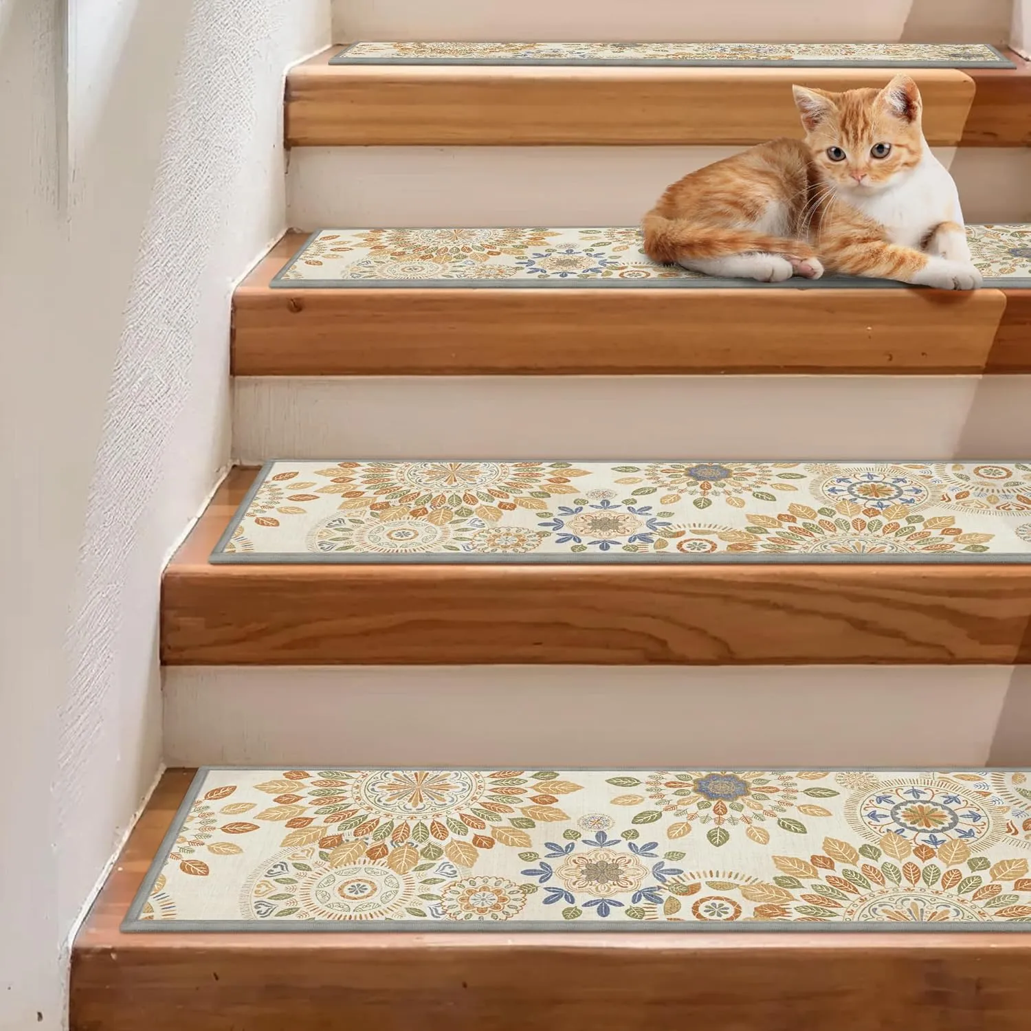 Carpet Stair Treads Non Slip 4PCS, 8" X 30" Edging Stair Runner for Wooden Steps Indoor, Resistant Stair Rugs with Reusable TPE Adhesive Backing, Residue Free Mat for Kids, Elders, Beige&Brown