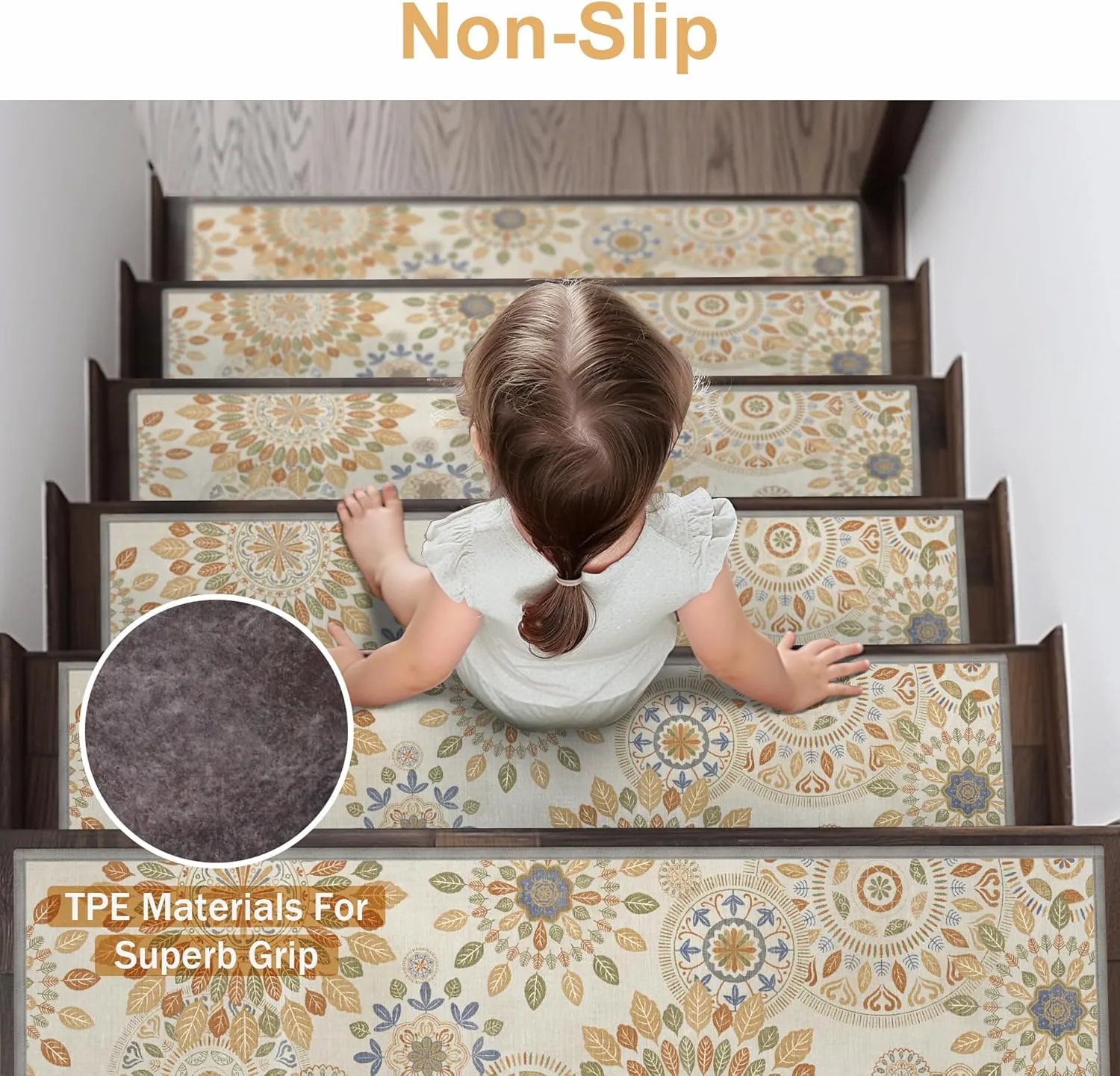 Carpet Stair Treads Non Slip 4PCS, 8" X 30" Edging Stair Runner for Wooden Steps Indoor, Resistant Stair Rugs with Reusable TPE Adhesive Backing, Residue Free Mat for Kids, Elders, Beige&Brown