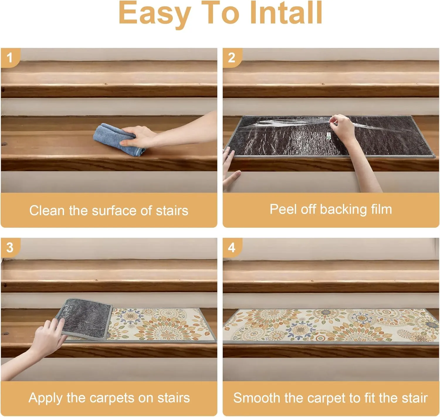 Carpet Stair Treads Non Slip 4PCS, 8" X 30" Edging Stair Runner for Wooden Steps Indoor, Resistant Stair Rugs with Reusable TPE Adhesive Backing, Residue Free Mat for Kids, Elders, Beige&Brown