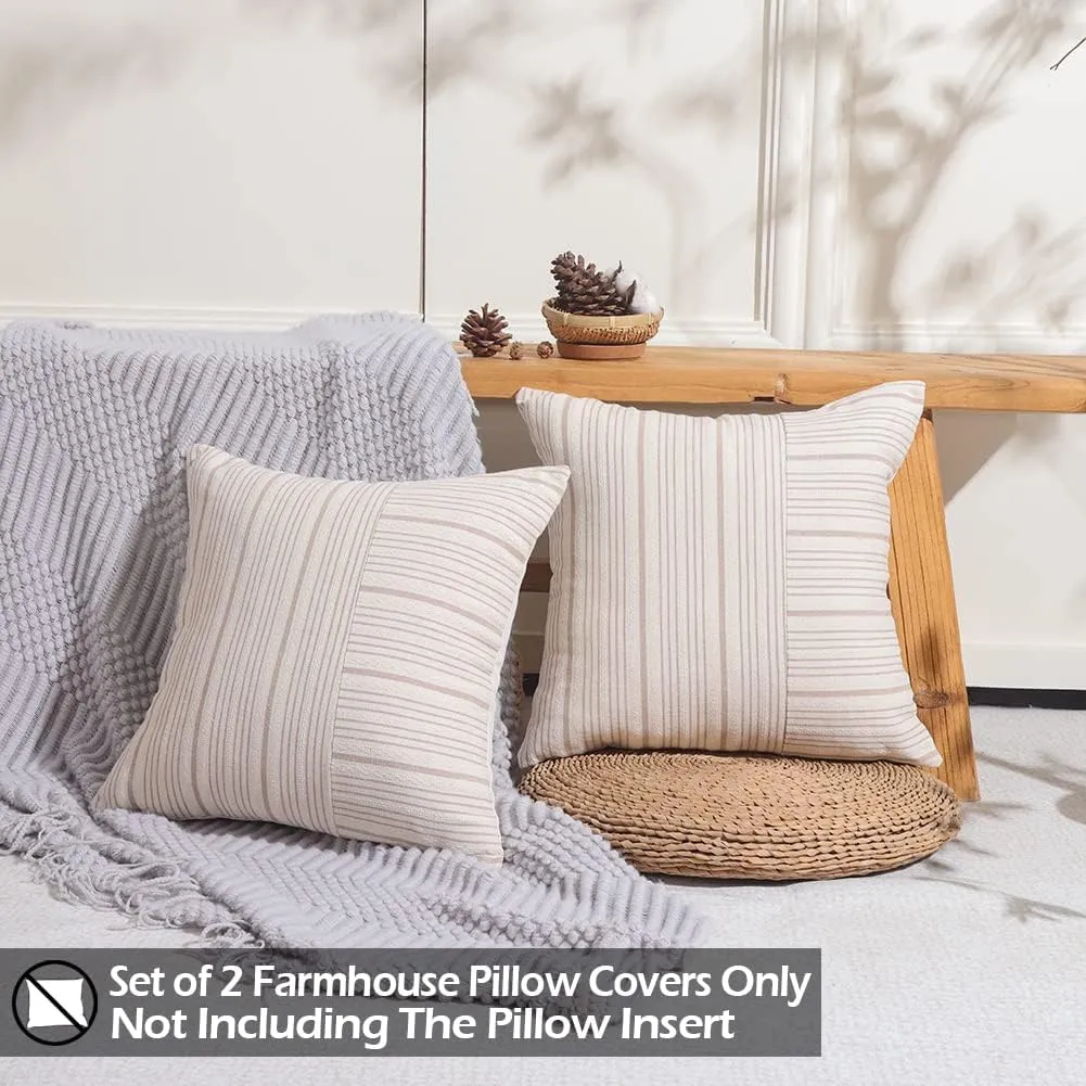CARRIE HOME Khaki Brown and Cream 16x16 Farmhouse Pillow Covers Set of 2 Linen Striped Patchwork Boho Throw Pillow Covers Rustic Farmhouse Decor for Home Couch and Sofa