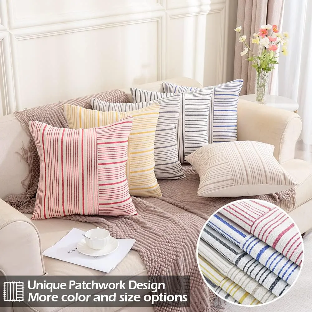 CARRIE HOME Khaki Brown and Cream 16x16 Farmhouse Pillow Covers Set of 2 Linen Striped Patchwork Boho Throw Pillow Covers Rustic Farmhouse Decor for Home Couch and Sofa
