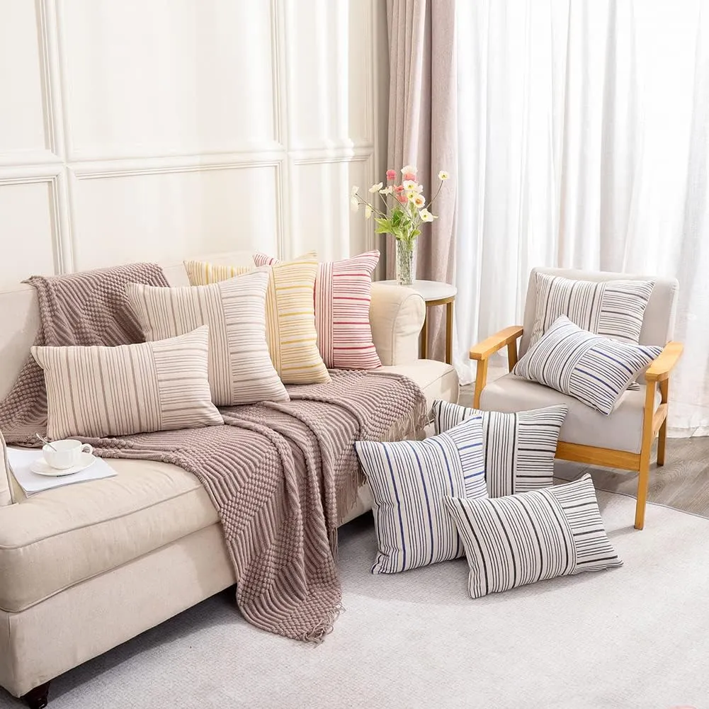 CARRIE HOME Khaki Brown and Cream 16x16 Farmhouse Pillow Covers Set of 2 Linen Striped Patchwork Boho Throw Pillow Covers Rustic Farmhouse Decor for Home Couch and Sofa