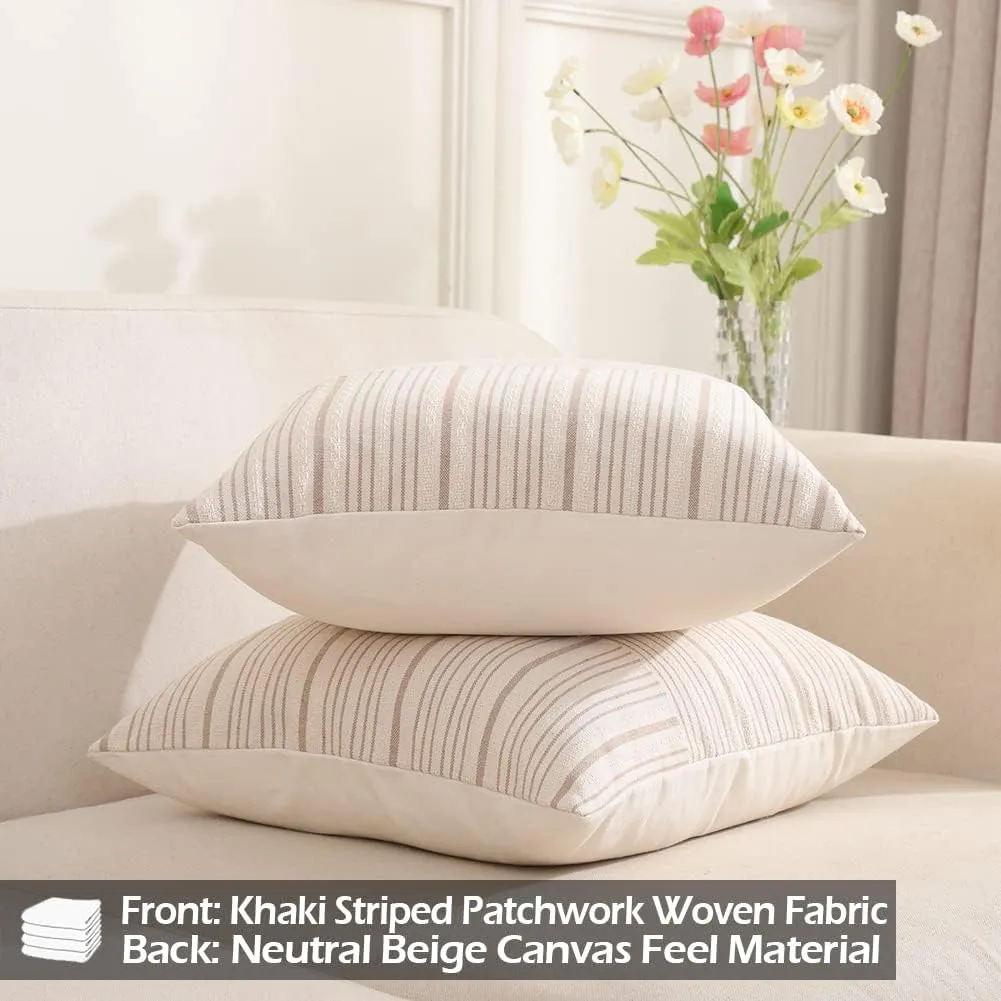 CARRIE HOME Khaki Brown and Cream 16x16 Farmhouse Pillow Covers Set of 2 Linen Striped Patchwork Boho Throw Pillow Covers Rustic Farmhouse Decor for Home Couch and Sofa