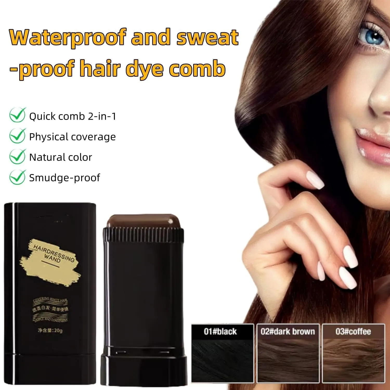 Carylook Hair Color Stick, Touch Up Comb 2-In-1 Korean, Safe And Convenient Comb Hair Dye, Waterproof and Sweat-Proof Portable Colouring Stick for Women(Black-Brown,2)