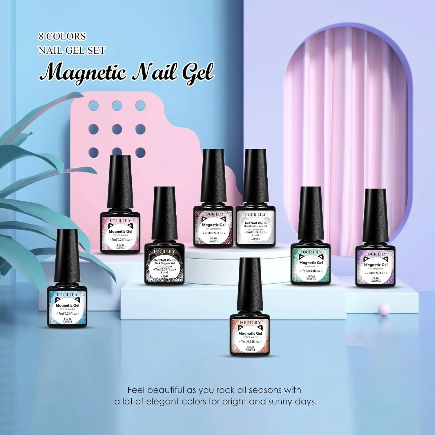 Cat Eye Gel Nail Polish, 8 Colors Crystal Magnetic Gel Polish Set with Magnet Stick, Ceramic Shimmer Silver Brown Green Purple Colors Nail Gel Soak Off Nail Art Salon Home Gift for Women
