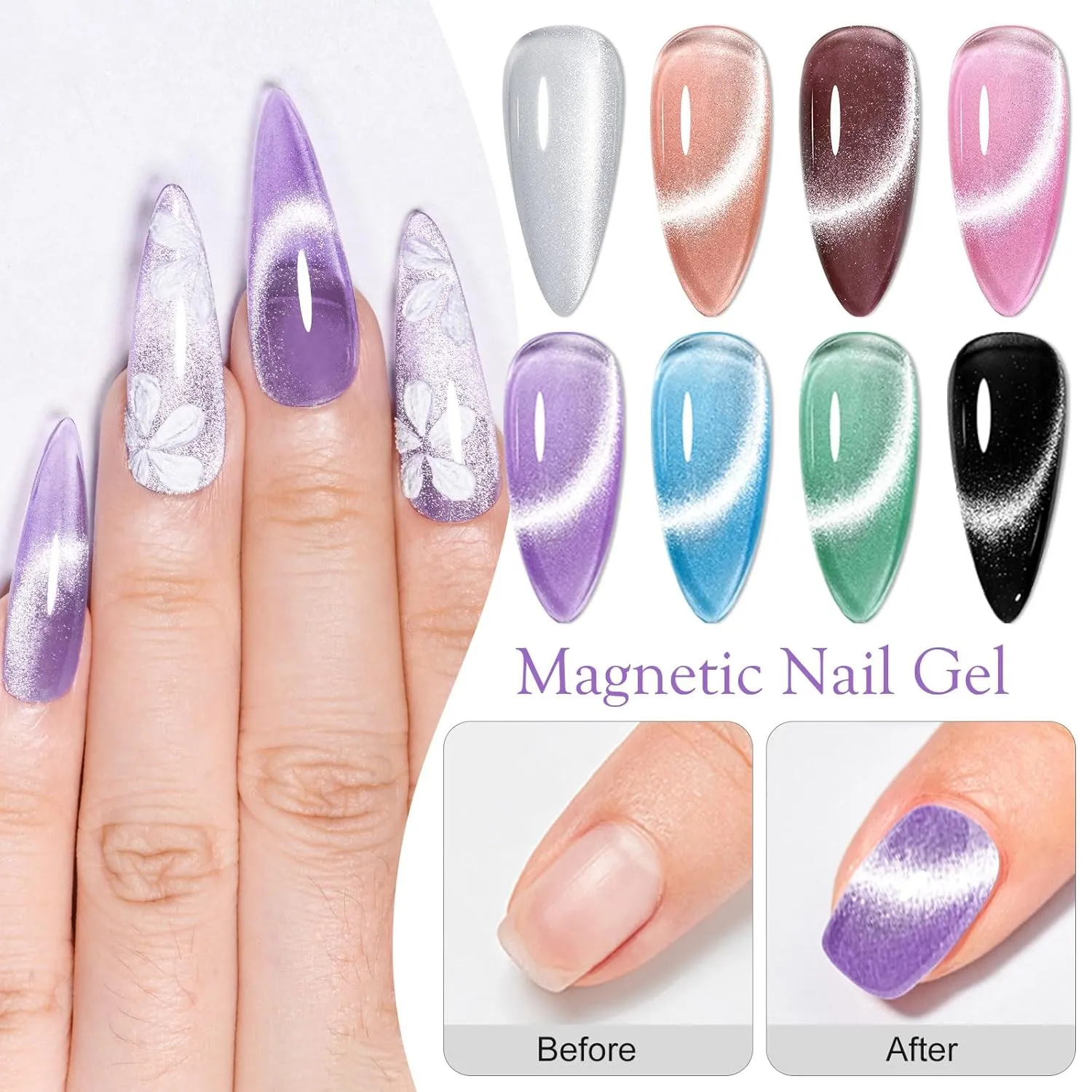Cat Eye Gel Nail Polish, 8 Colors Crystal Magnetic Gel Polish Set with Magnet Stick, Ceramic Shimmer Silver Brown Green Purple Colors Nail Gel Soak Off Nail Art Salon Home Gift for Women