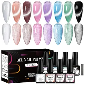 Cat Eye Gel Nail Polish, 8 Colors Crystal Magnetic Gel Polish Set with Magnet Stick, Ceramic Shimmer Silver Brown Green Purple Colors Nail Gel Soak Off Nail Art Salon Home Gift for Women