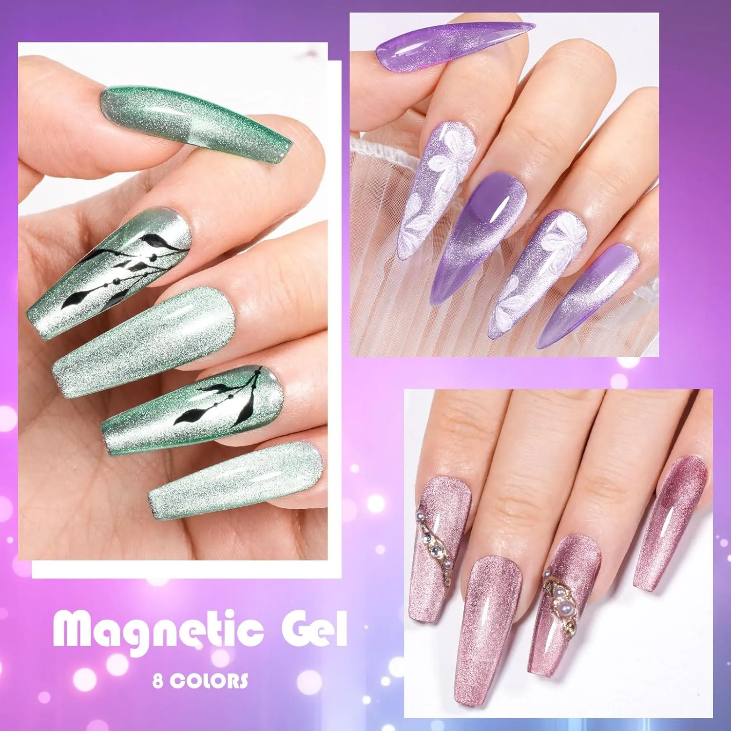 Cat Eye Gel Nail Polish, 8 Colors Crystal Magnetic Gel Polish Set with Magnet Stick, Ceramic Shimmer Silver Brown Green Purple Colors Nail Gel Soak Off Nail Art Salon Home Gift for Women