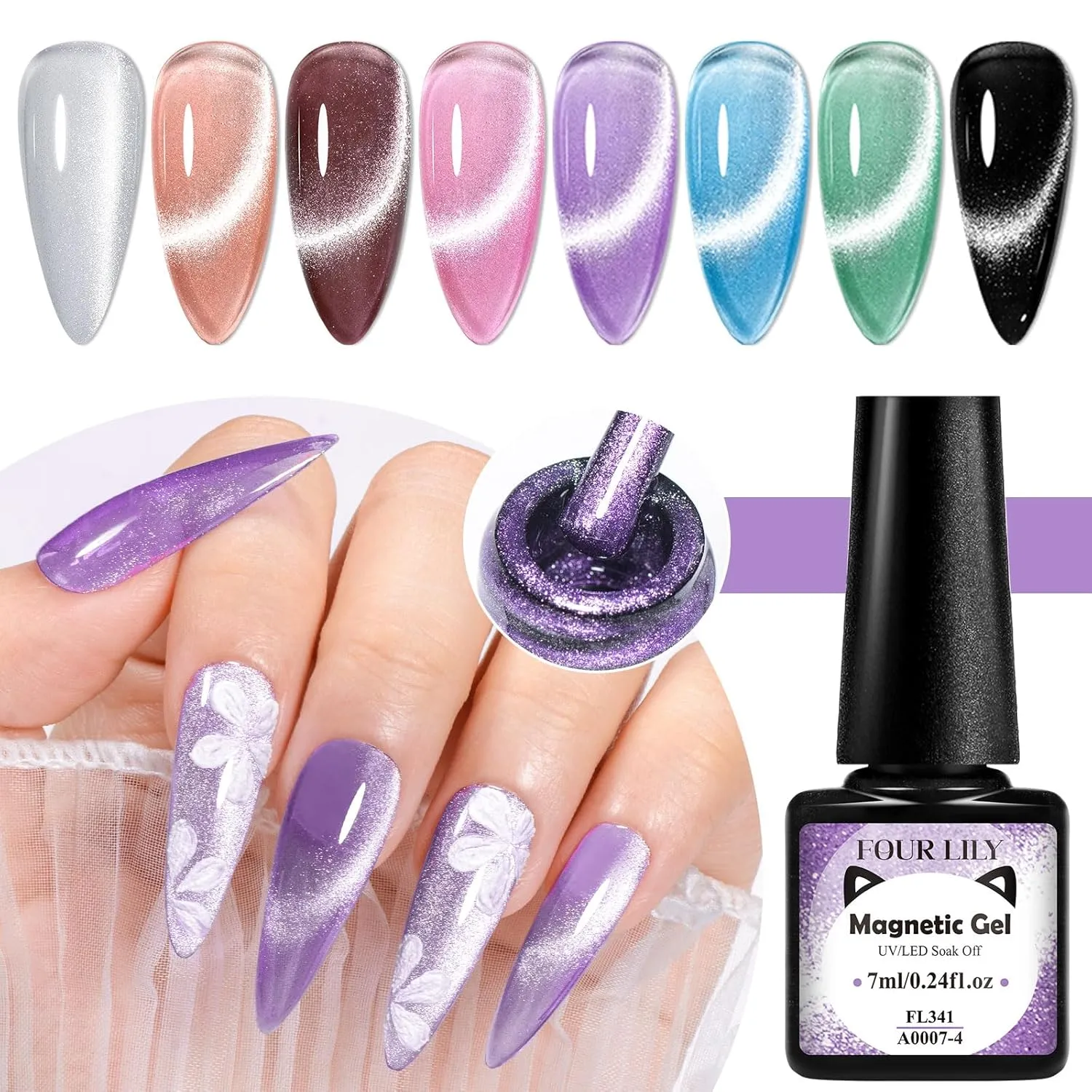 Cat Eye Gel Nail Polish, 8 Colors Crystal Magnetic Gel Polish Set with Magnet Stick, Ceramic Shimmer Silver Brown Green Purple Colors Nail Gel Soak Off Nail Art Salon Home Gift for Women