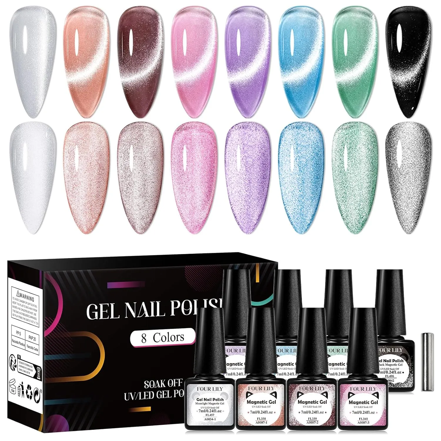 Cat Eye Gel Nail Polish, 8 Colors Crystal Magnetic Gel Polish Set with Magnet Stick, Ceramic Shimmer Silver Brown Green Purple Colors Nail Gel Soak Off Nail Art Salon Home Gift for Women