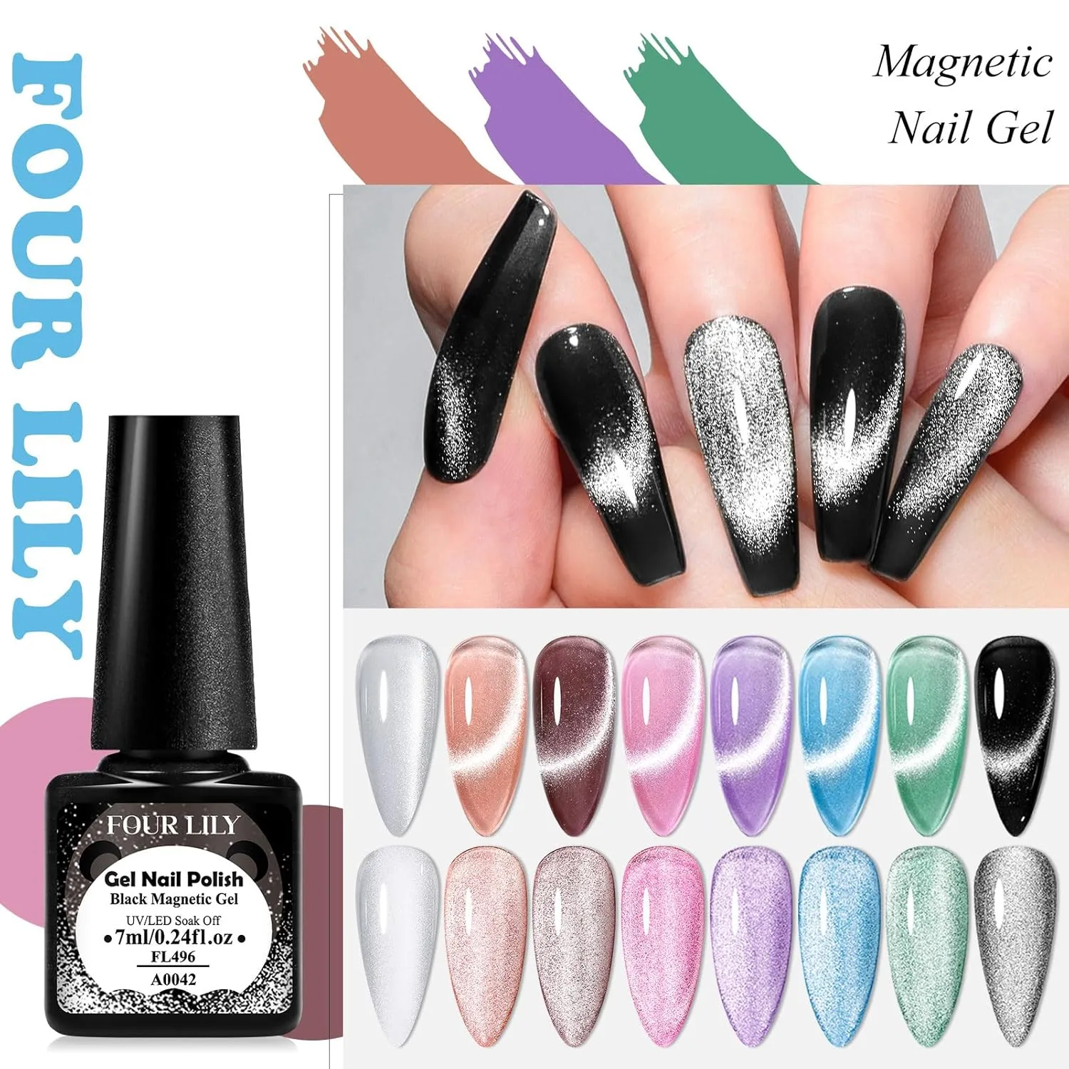 Cat Eye Gel Nail Polish, 8 Colors Crystal Magnetic Gel Polish Set with Magnet Stick, Ceramic Shimmer Silver Brown Green Purple Colors Nail Gel Soak Off Nail Art Salon Home Gift for Women