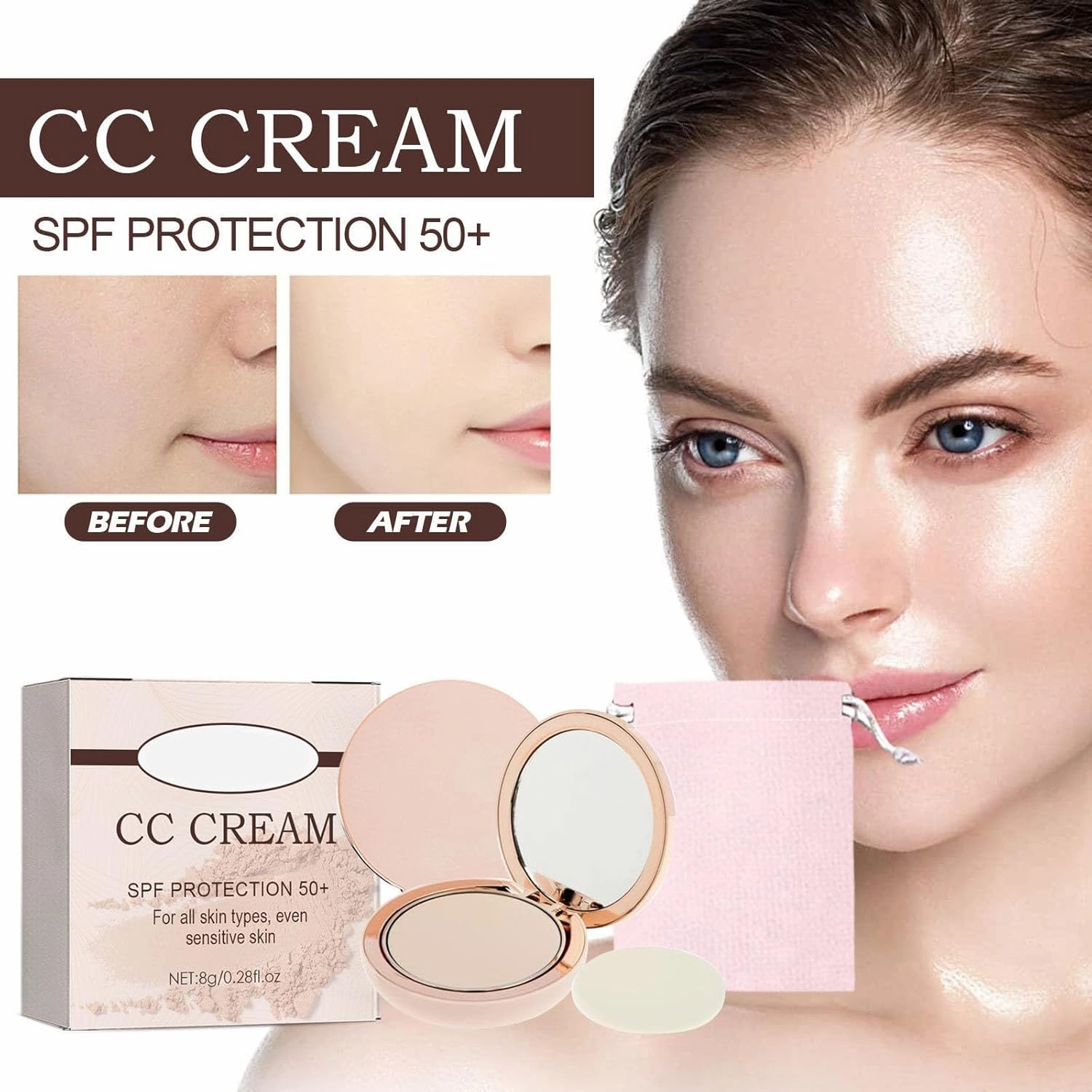 CC Creamy Compact Spf 50, Full Coverage Concealer, Foundation Concealer, Color Correcting Concealer, Always CC Creamy Compact Spf 50  and Pouch (Dark Brown)