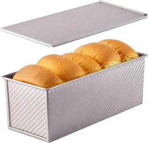 CHEFMADE Commercial Pullman Loaf Pan with Lid, 2.2Lb Dough Capacity Non-Stick Rectangle Corrugated Carbon Steel Bread Toast Mold with Cover for Baking Bread (Champagne Gold)