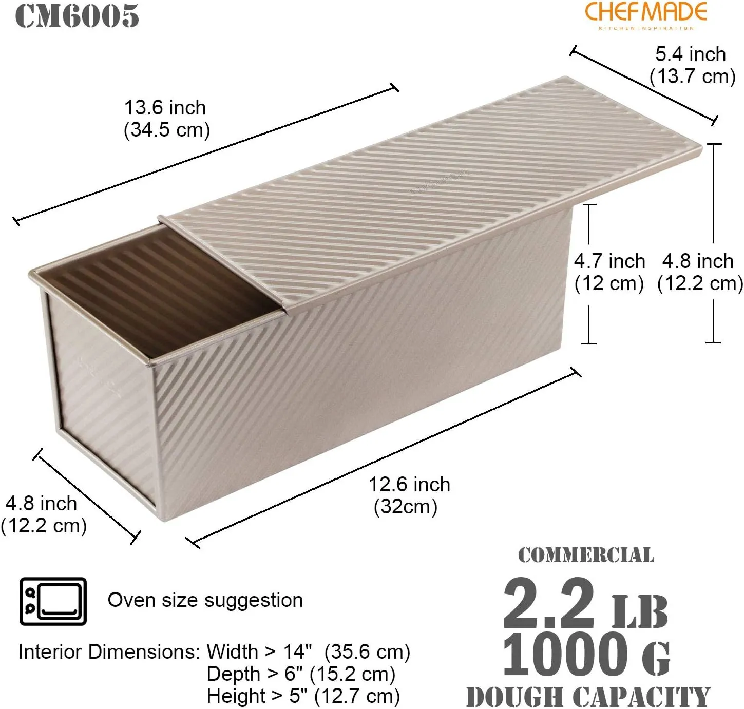 CHEFMADE Commercial Pullman Loaf Pan with Lid, 2.2Lb Dough Capacity Non-Stick Rectangle Corrugated Carbon Steel Bread Toast Mold with Cover for Baking Bread (Champagne Gold)