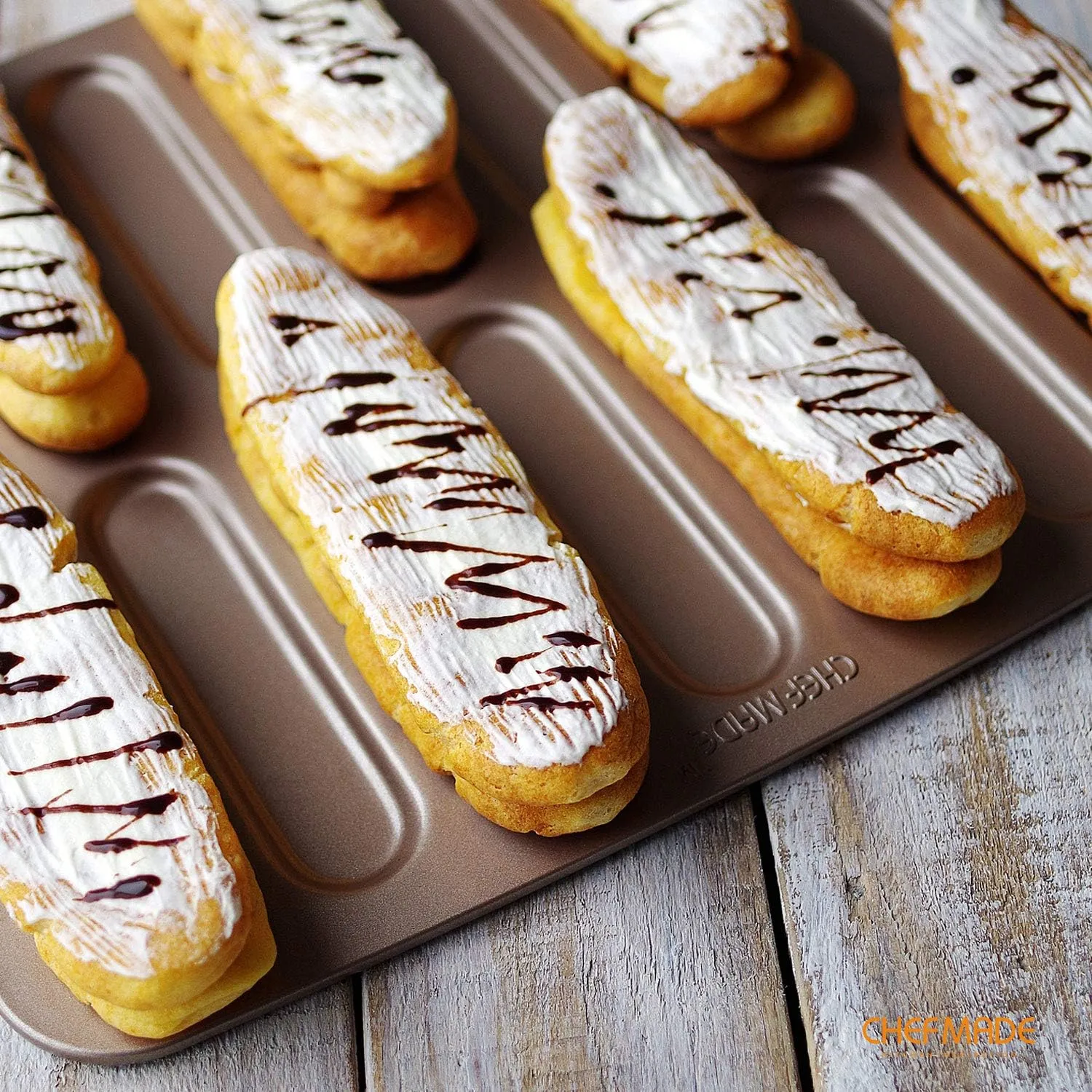CHEFMADE Eclair Cake Pan, 14-Cavity Non-Stick Mini Eclair Cookie Biscuits Bakeware for Oven Baking (Champagne Gold)