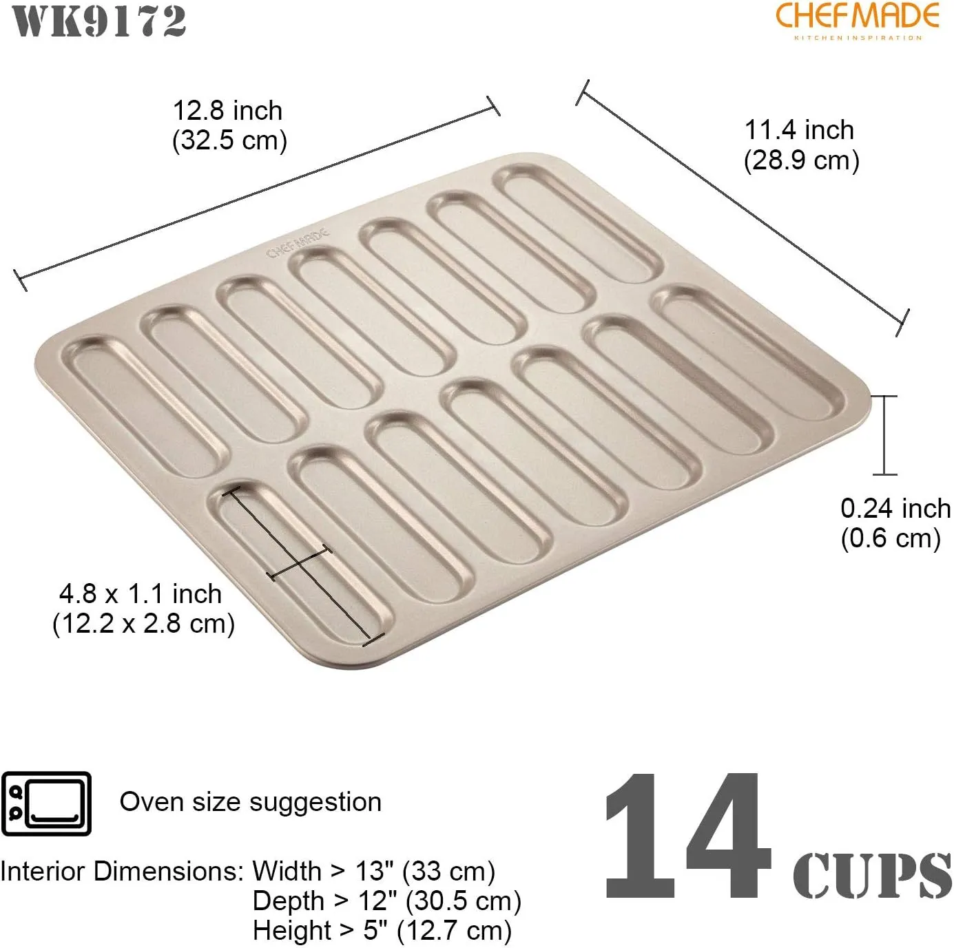 CHEFMADE Eclair Cake Pan, 14-Cavity Non-Stick Mini Eclair Cookie Biscuits Bakeware for Oven Baking (Champagne Gold)