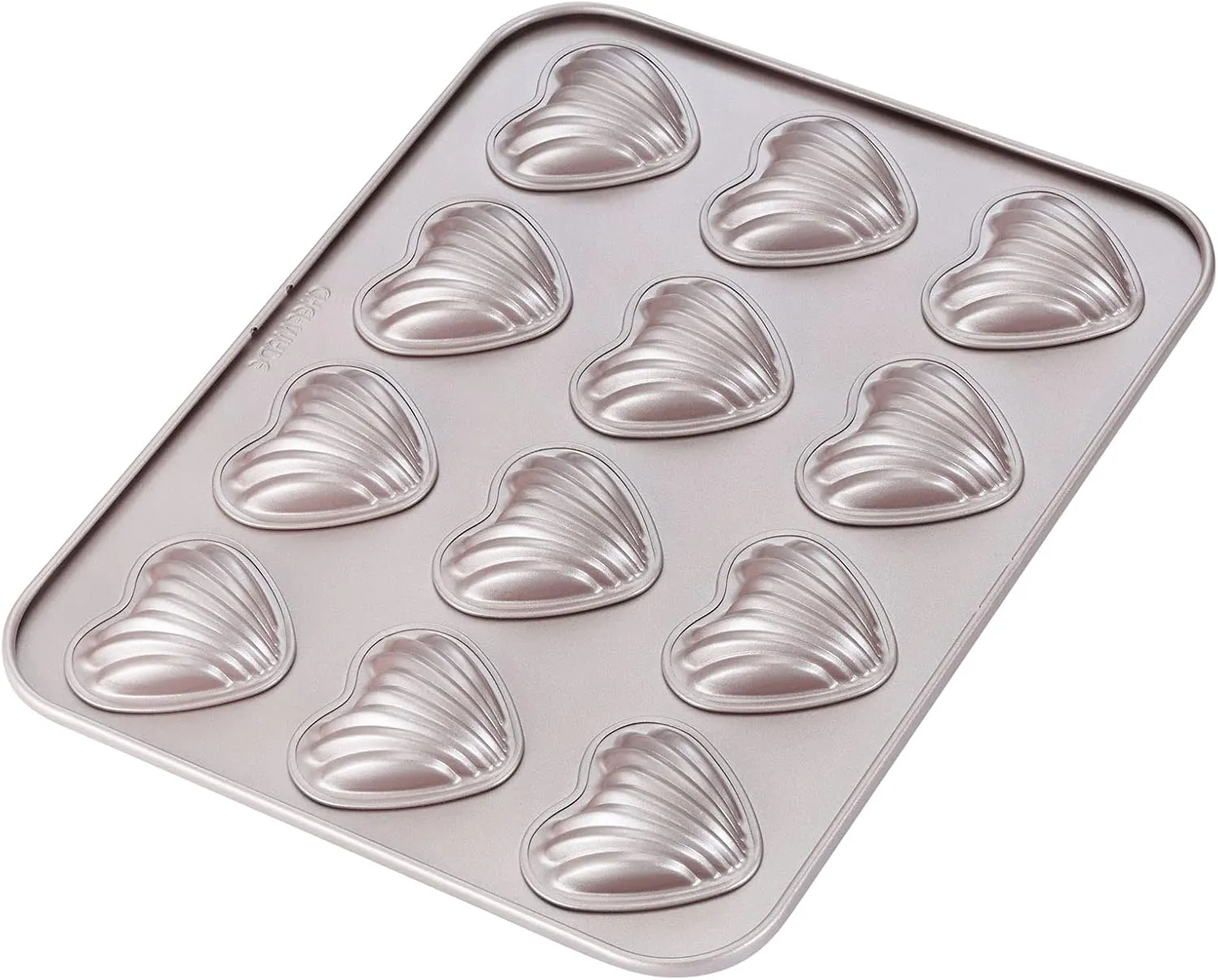 CHEFMADE Madeleine Mold Cake Pan, 12-Cavity Non-Stick Heart-shaped Shello Madeline Bakeware for Oven Baking (Champagne Gold)