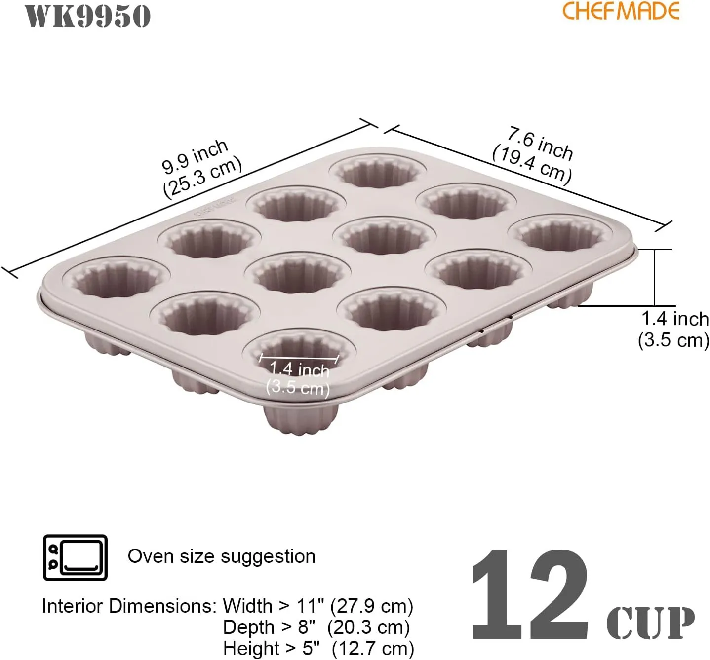 CHEFMADE Mini Canele Mold Cake Pan, 12-Cavity Non-Stick Mini Canele Muffin Bakeware Cupcake Pan for Oven Baking (Champagne Gold)