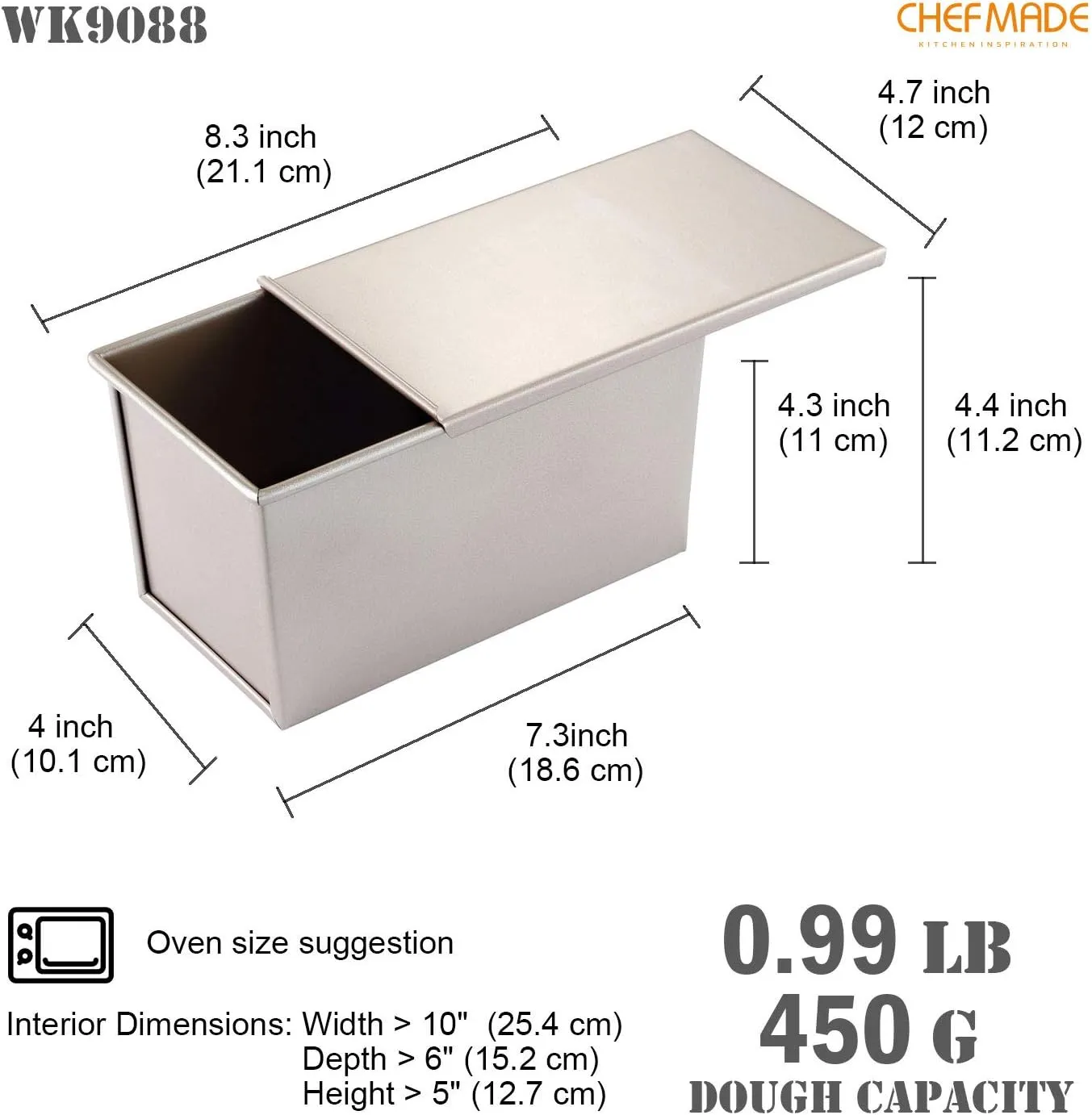CHEFMADE Pullman Loaf Pan with Lid, 1Lb Dough Capacity Non-Stick Rectangle Flat Toast Box for Oven Baking 4.2" x 7.7"x 4.4"(Champagne Gold)