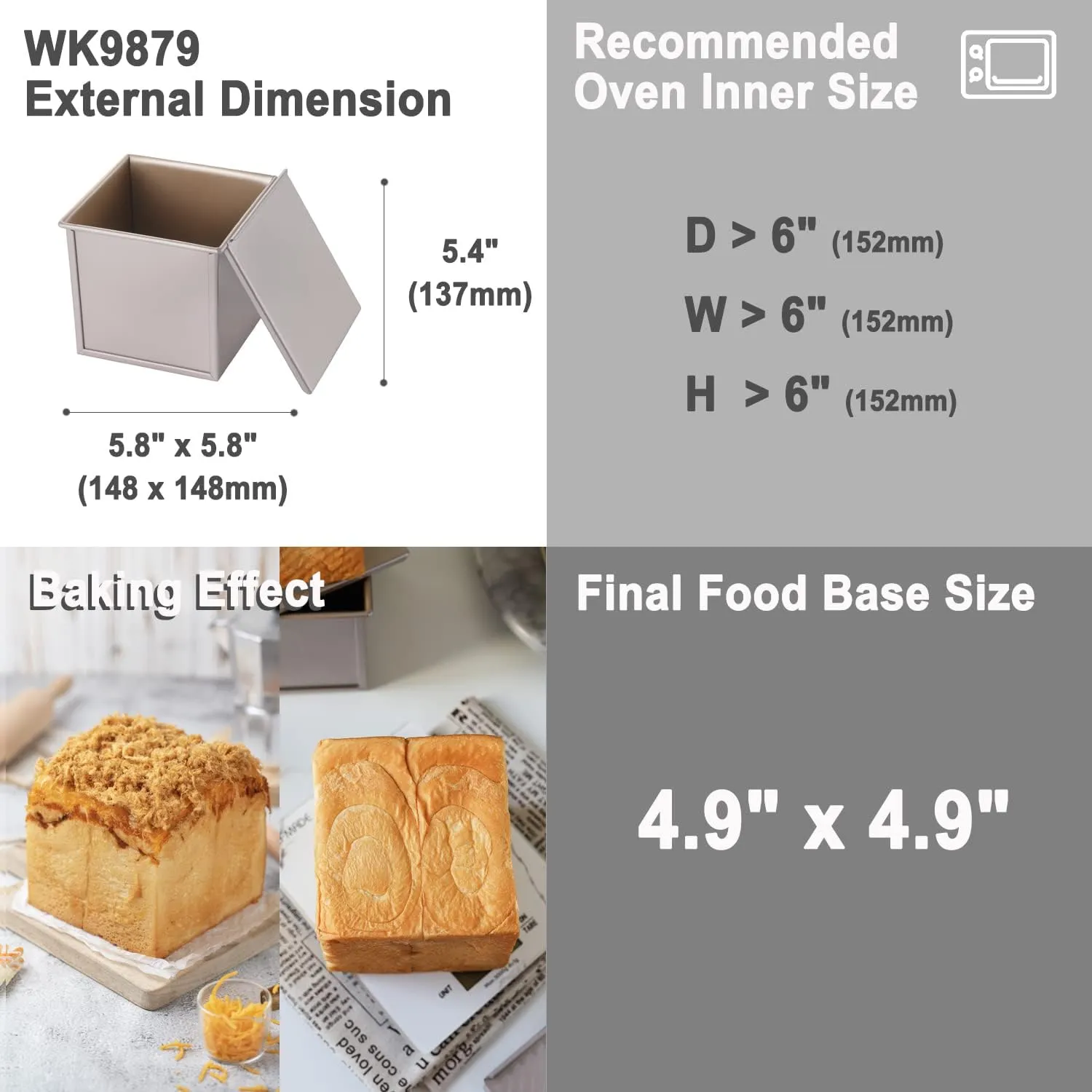 CHEFMADE Square Pullman Loaf Pan with Lid, 1Lb Dough Capacity Non-Stick Rectangle Flat Toast Box for Oven Baking 5.7" x 5.7"x 5.2"(Champagne Gold)