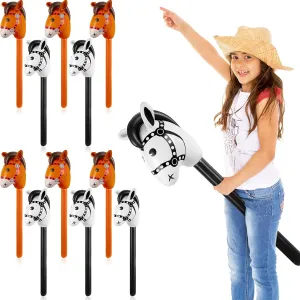 Chivao 12 Pieces Inflatable Stick Horse Cute Horse Head Stick Blow up Balloon Colorful Cowboy Cowgirl Party Decorations for Themed Birthday Party(Brown and Black)