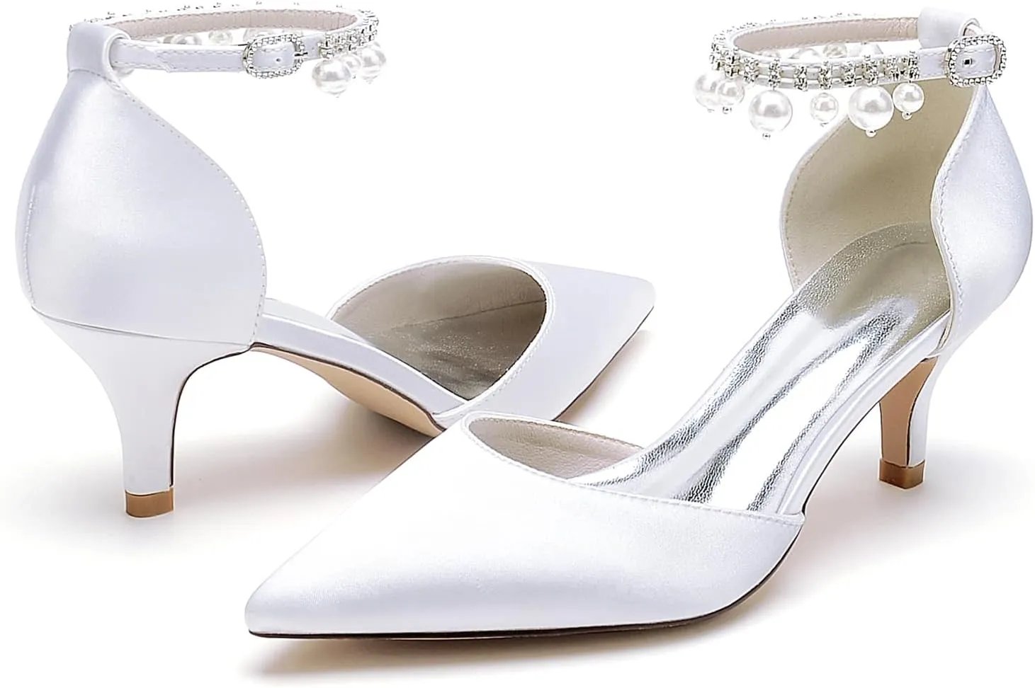 Closed Toe Pearl Kitten Heels Wedding Shoes for Bride Low Heels Ankle Strap Bridal Shoes Satin Shoes Pumps