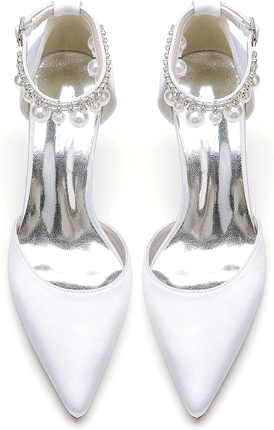 Closed Toe Pearl Kitten Heels Wedding Shoes for Bride Low Heels Ankle Strap Bridal Shoes Satin Shoes Pumps