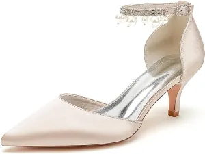 Closed Toe Pearl Kitten Heels Wedding Shoes for Bride Low Heels Ankle Strap Bridal Shoes Satin Shoes Pumps
