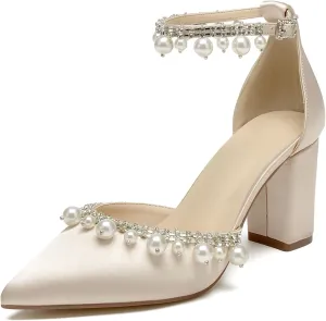 Closed Toe Pearl Wedding Shoes for Bride High Heels Ankle Strap Strappy Block Heels Bridal Shoes Satin Shoes Pumps