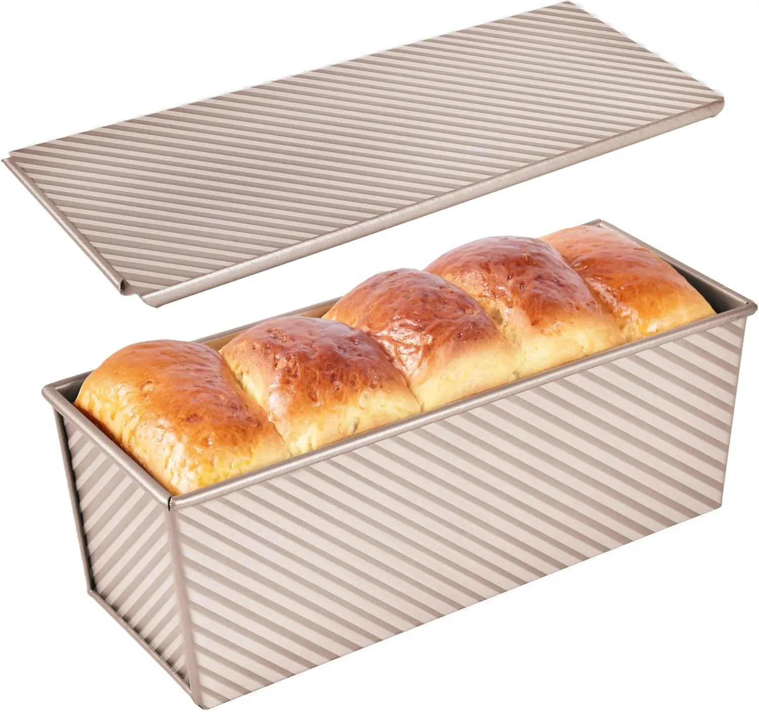 Commercial Pullman Loaf Pan with Lid, 2.2Lb Dough Capacity Non-Stick Rectangle Corrugated Carbon Steel Bread Toast Mold with Cover for Baking Bread (Champagne Gold)