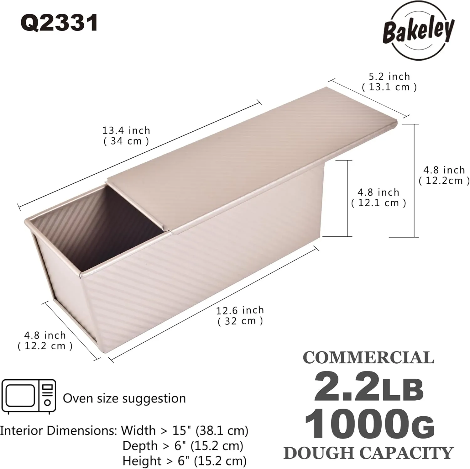 Commercial Pullman Loaf Pan with Lid, 2.2Lb Dough Capacity Non-Stick Rectangle Corrugated Carbon Steel Bread Toast Mold with Cover for Baking Bread (Champagne Gold)
