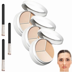 Concealers for Women, Upgrade Face Makeup Tricolor Concealer with Brushes, Mini Color Correction Tricolor Concealers Pot for Dark Circles,Redness,Blemishes (White, 3 Pcs)