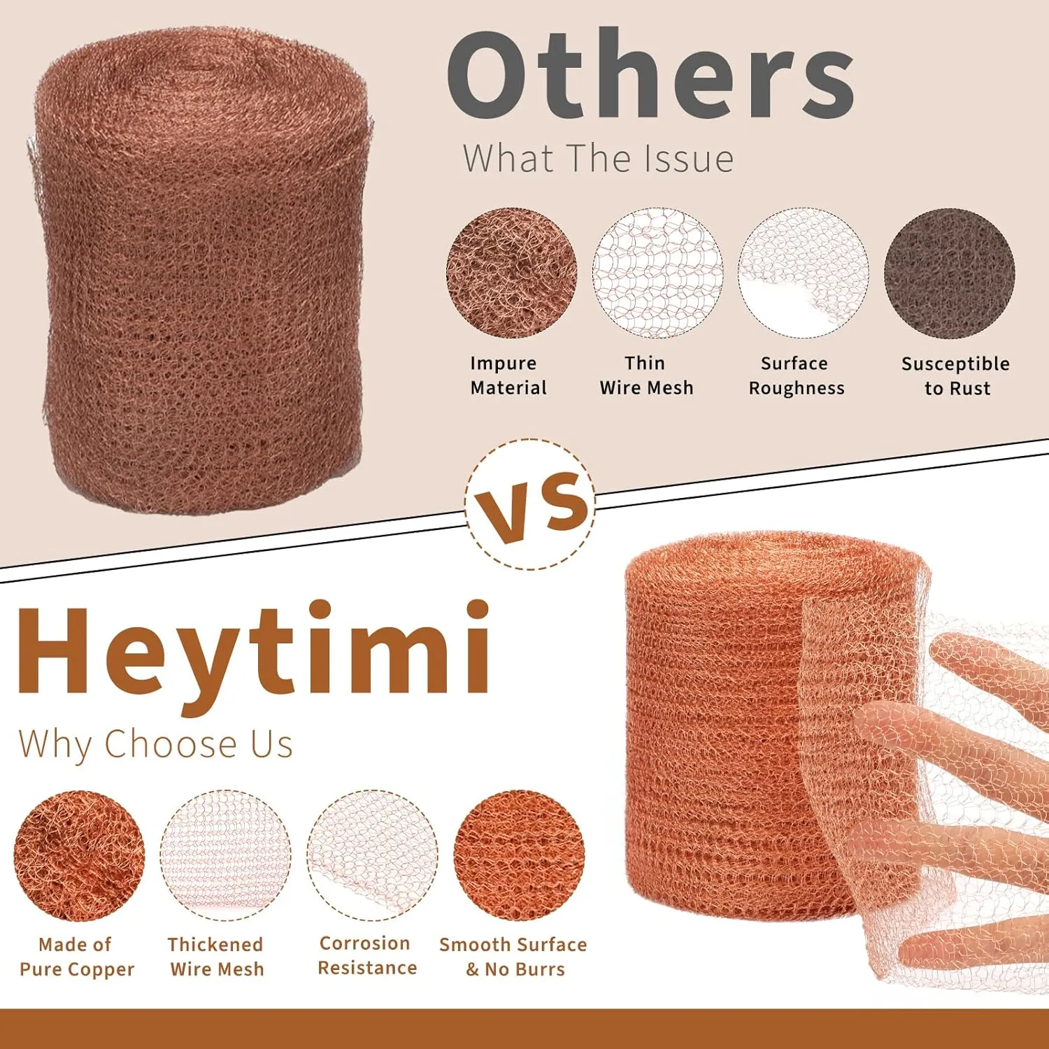 Copper Mesh Rodent Control 5in x 60ft Rustproof Roll for Mice Bat Bird Snake Snail - Sturdy Pure Wool for Hole Blocking Gardening and Sealing Water Opening With Wood Stick