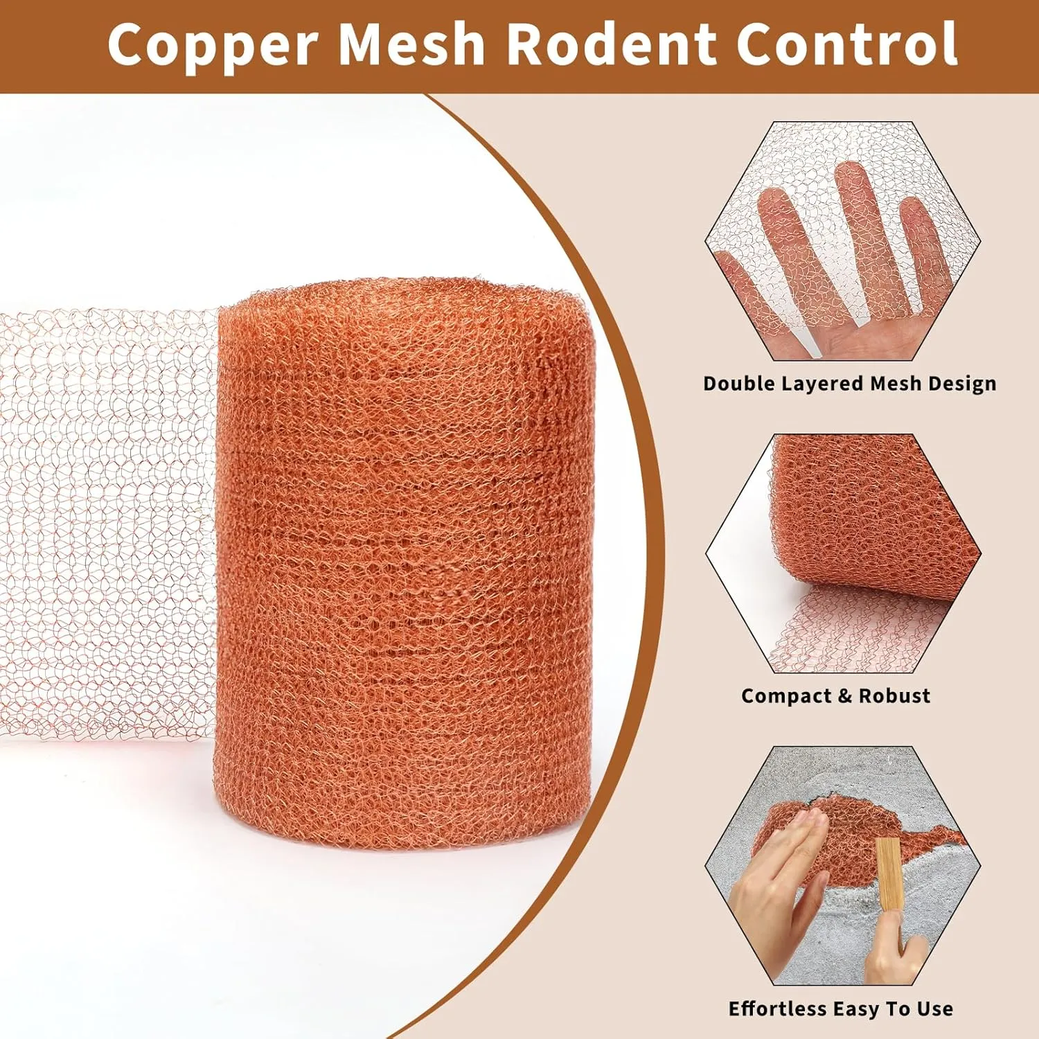 Copper Mesh Rodent Control 5in x 60ft Rustproof Roll for Mice Bat Bird Snake Snail - Sturdy Pure Wool for Hole Blocking Gardening and Sealing Water Opening With Wood Stick