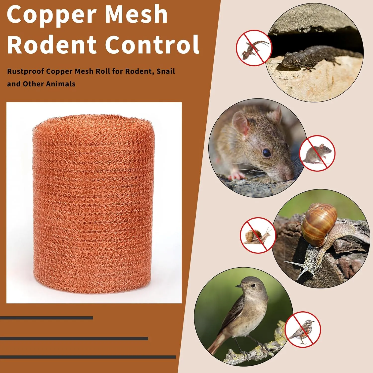 Copper Mesh Rodent Control 5in x 60ft Rustproof Roll for Mice Bat Bird Snake Snail - Sturdy Pure Wool for Hole Blocking Gardening and Sealing Water Opening With Wood Stick