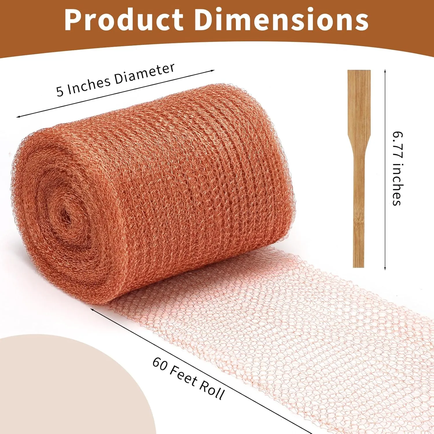 Copper Mesh Rodent Control 5in x 60ft Rustproof Roll for Mice Bat Bird Snake Snail - Sturdy Pure Wool for Hole Blocking Gardening and Sealing Water Opening With Wood Stick