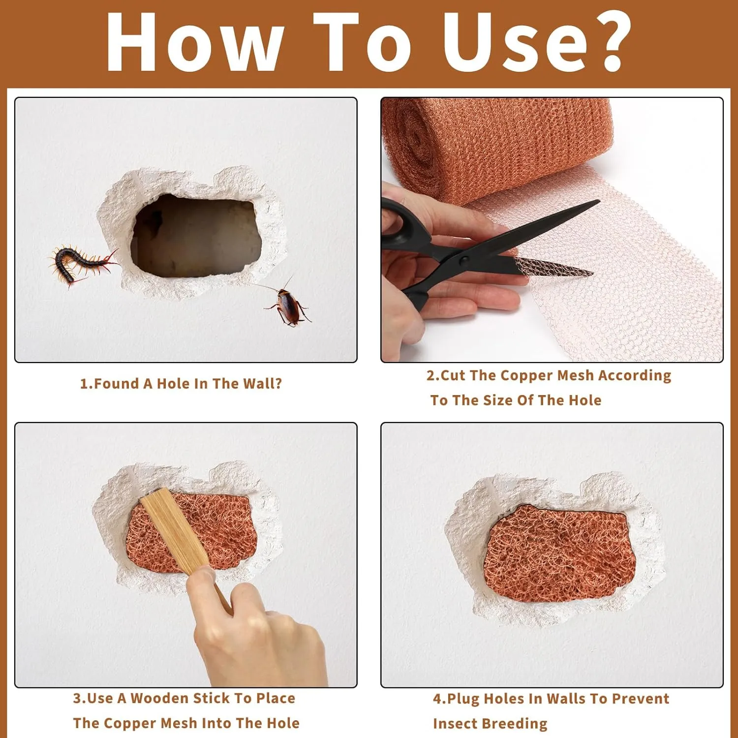 Copper Mesh Rodent Control 5in x 60ft Rustproof Roll for Mice Bat Bird Snake Snail - Sturdy Pure Wool for Hole Blocking Gardening and Sealing Water Opening With Wood Stick