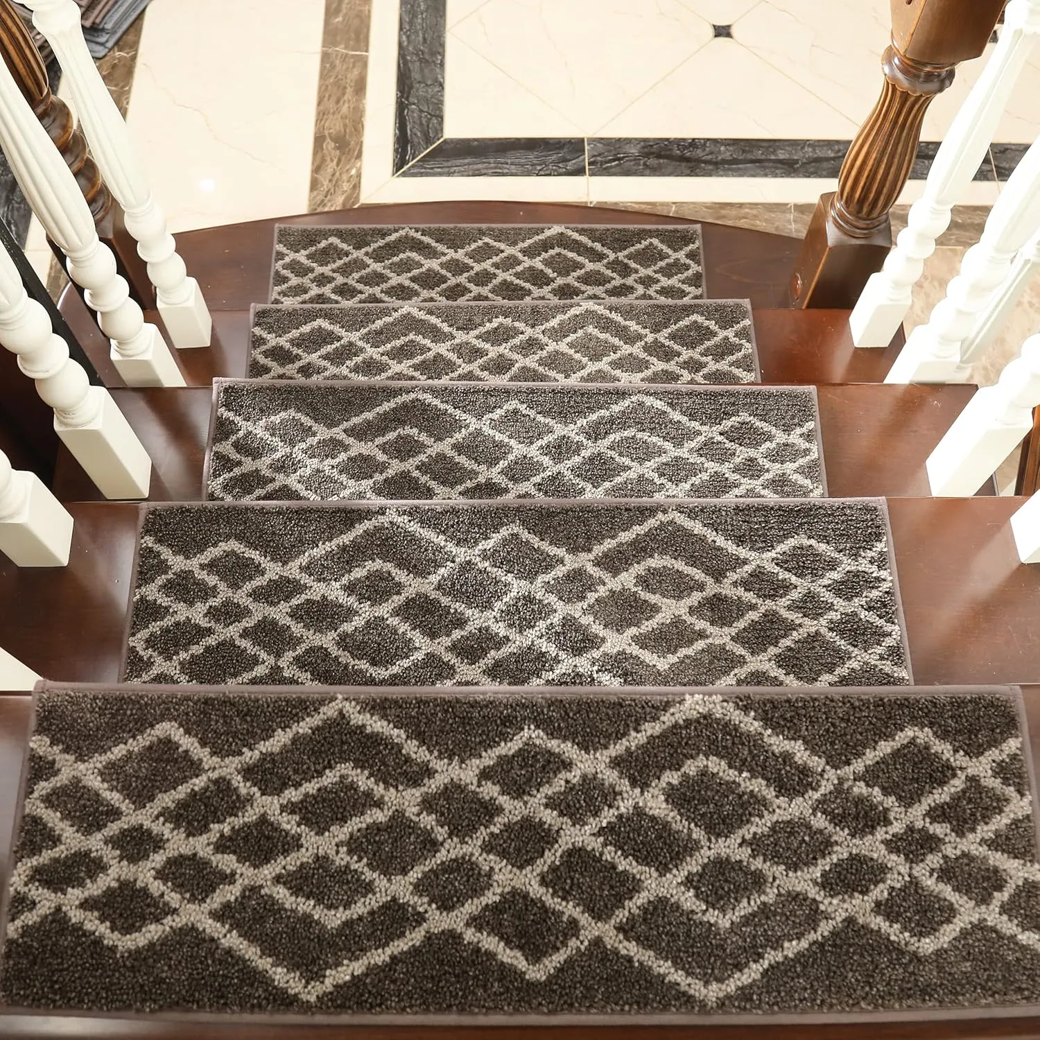 COSY HOMEER Soft Stair Treads Non-Slip Carpet Mat 28inX9in Indoor Stair Runners for Wooden Steps,Stair Rugs for Kids and Dogs, 100% Polyester TPE Backing 10pcs,Brown,Rhombus