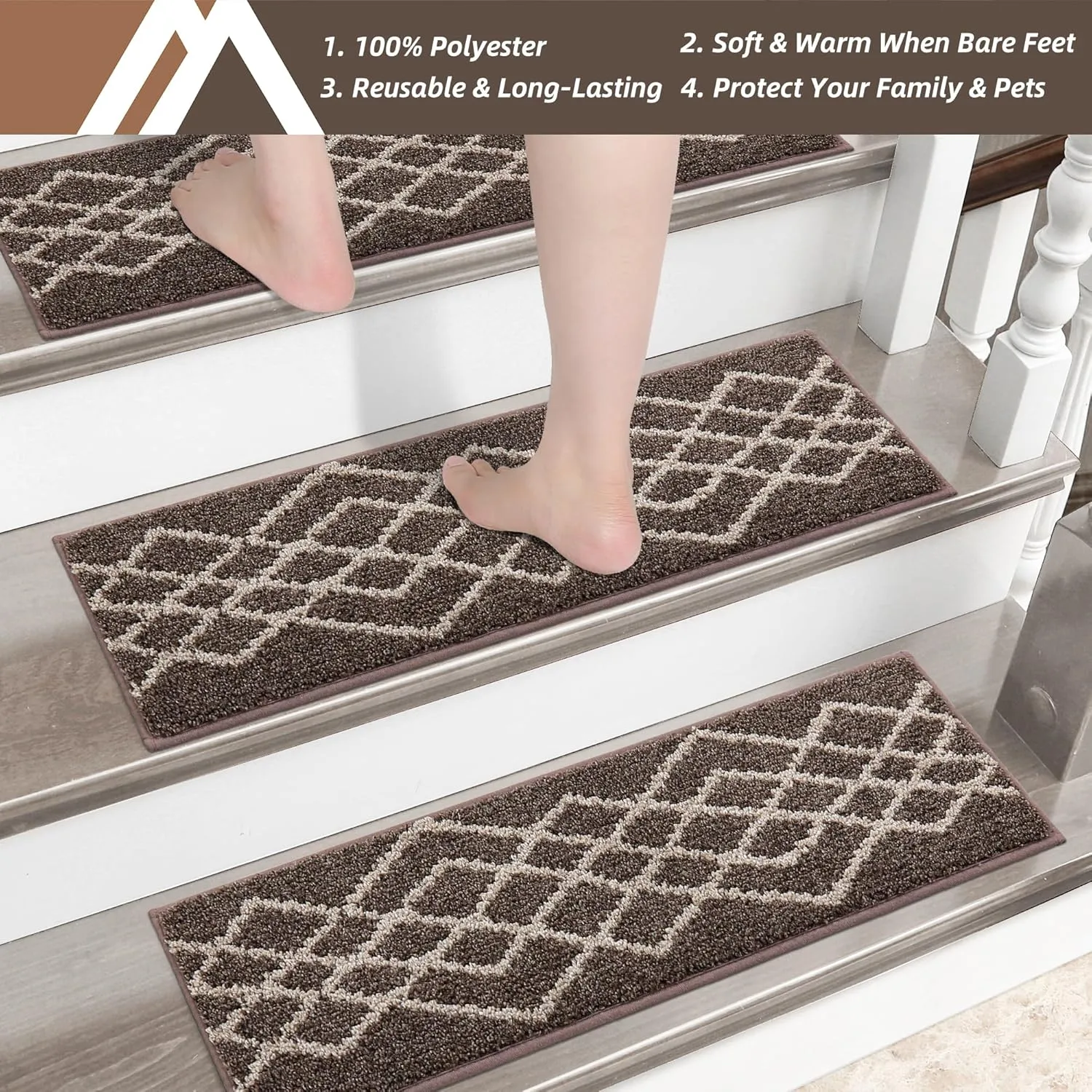 COSY HOMEER Soft Stair Treads Non-Slip Carpet Mat 28inX9in Indoor Stair Runners for Wooden Steps,Stair Rugs for Kids and Dogs, 100% Polyester TPE Backing 4pcs,Brown,Rhombus