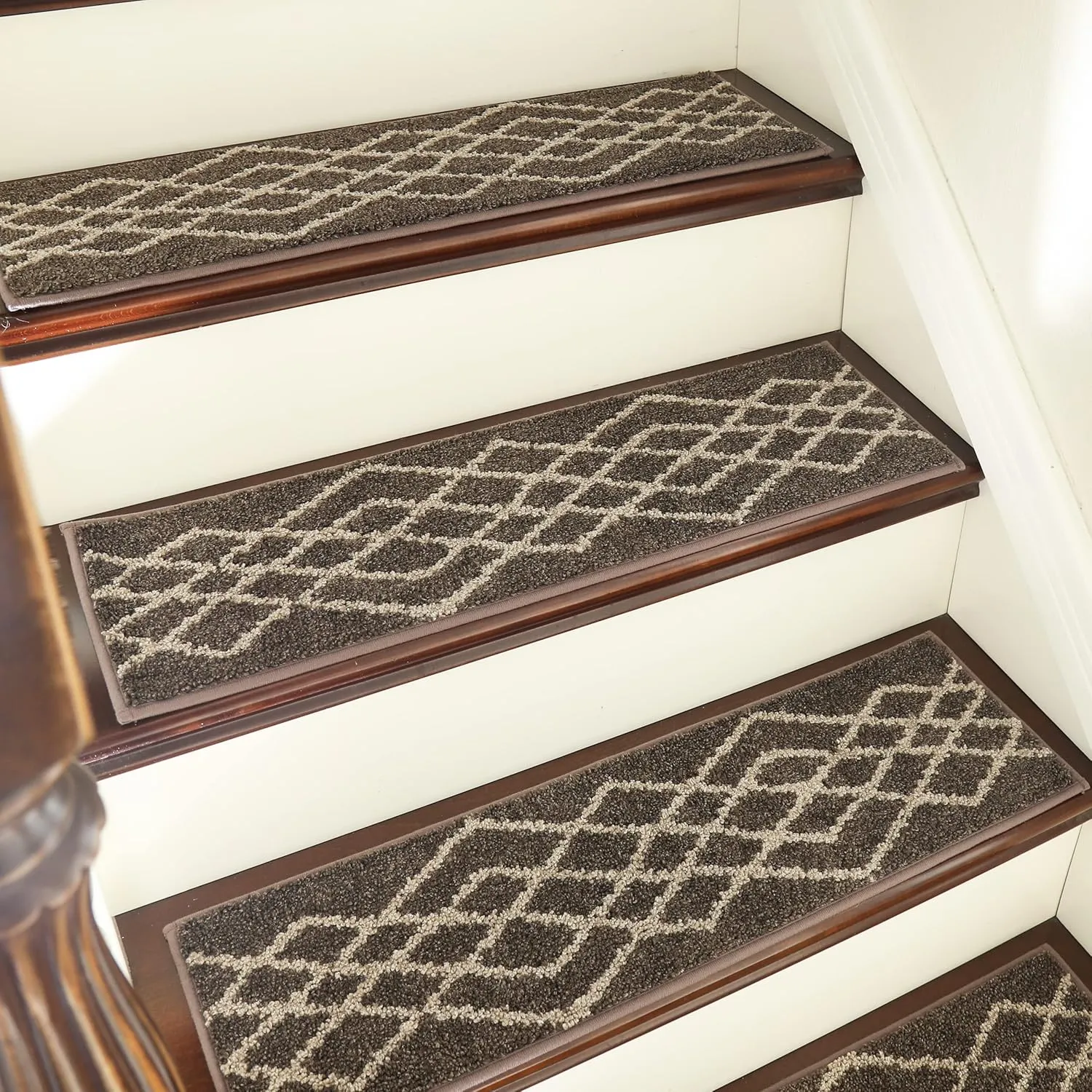 COSY HOMEER Soft Stair Treads Non-Slip Carpet Mat 28inX9in Indoor Stair Runners for Wooden Steps,Stair Rugs for Kids and Dogs, 100% Polyester TPE Backing 4pcs,Brown,Rhombus