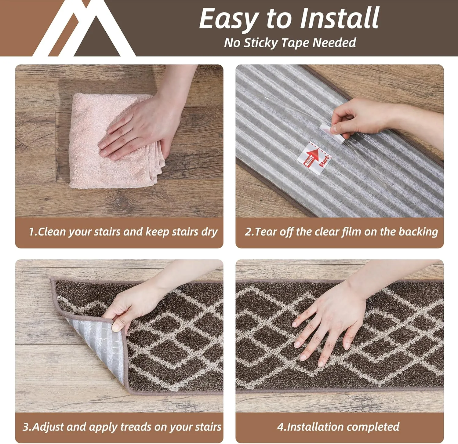 COSY HOMEER Soft Stair Treads Non-Slip Carpet Mat 28inX9in Indoor Stair Runners for Wooden Steps,Stair Rugs for Kids and Dogs, 100% Polyester TPE Backing 4pcs,Brown,Rhombus